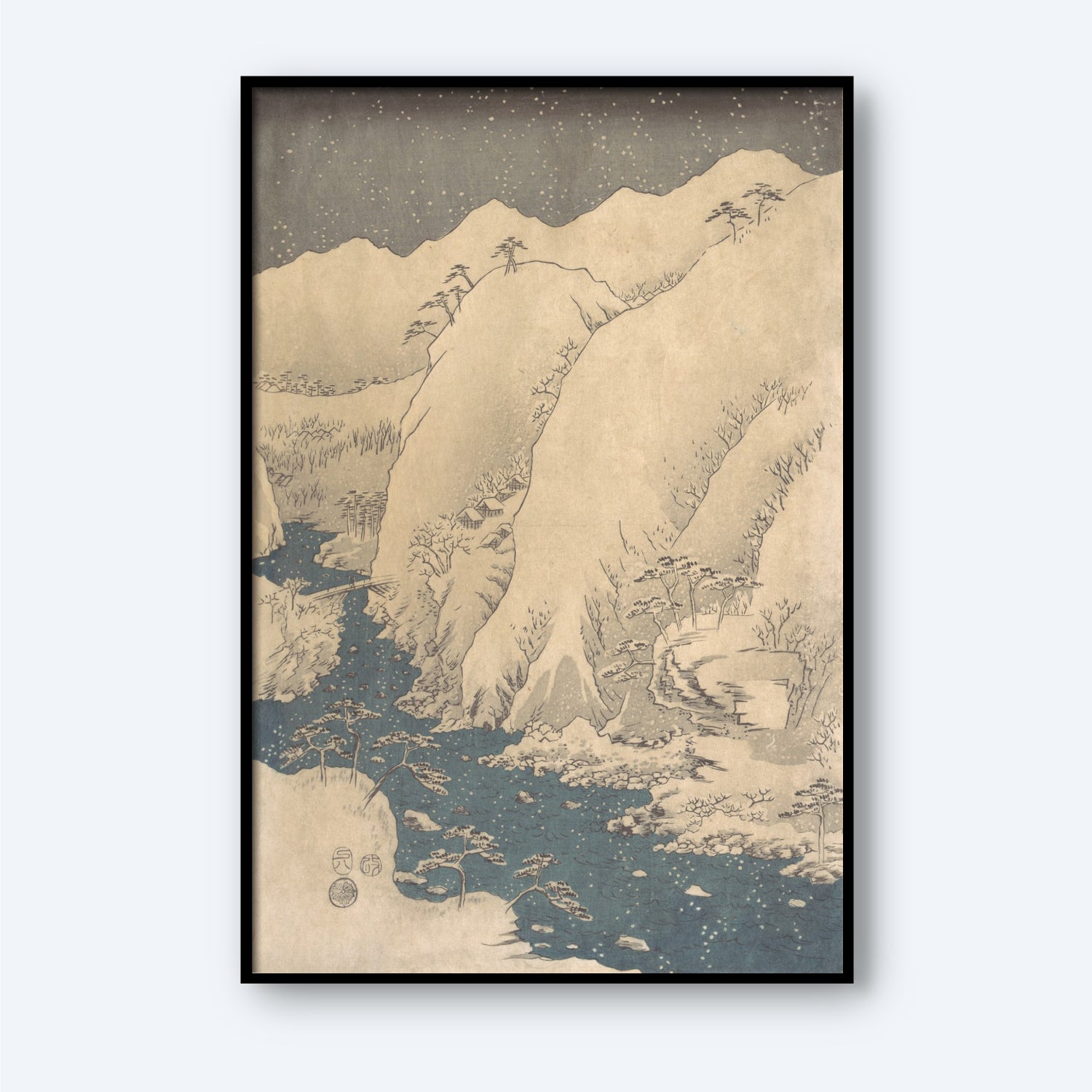 The framed artwork titled "Mountain and River on the Kiso Road (Kisoji no yamakawa)" by Utagawa Hiroshige depicts a serene mountainous landscape at night, reminiscent of the Kiso Road scene. Snow-capped peaks and cliffs frame a flowing river, with trees sparsely dotting the hillsides. The star-filled night sky lends an ethereal quality to this Japanese landscapes wall art.