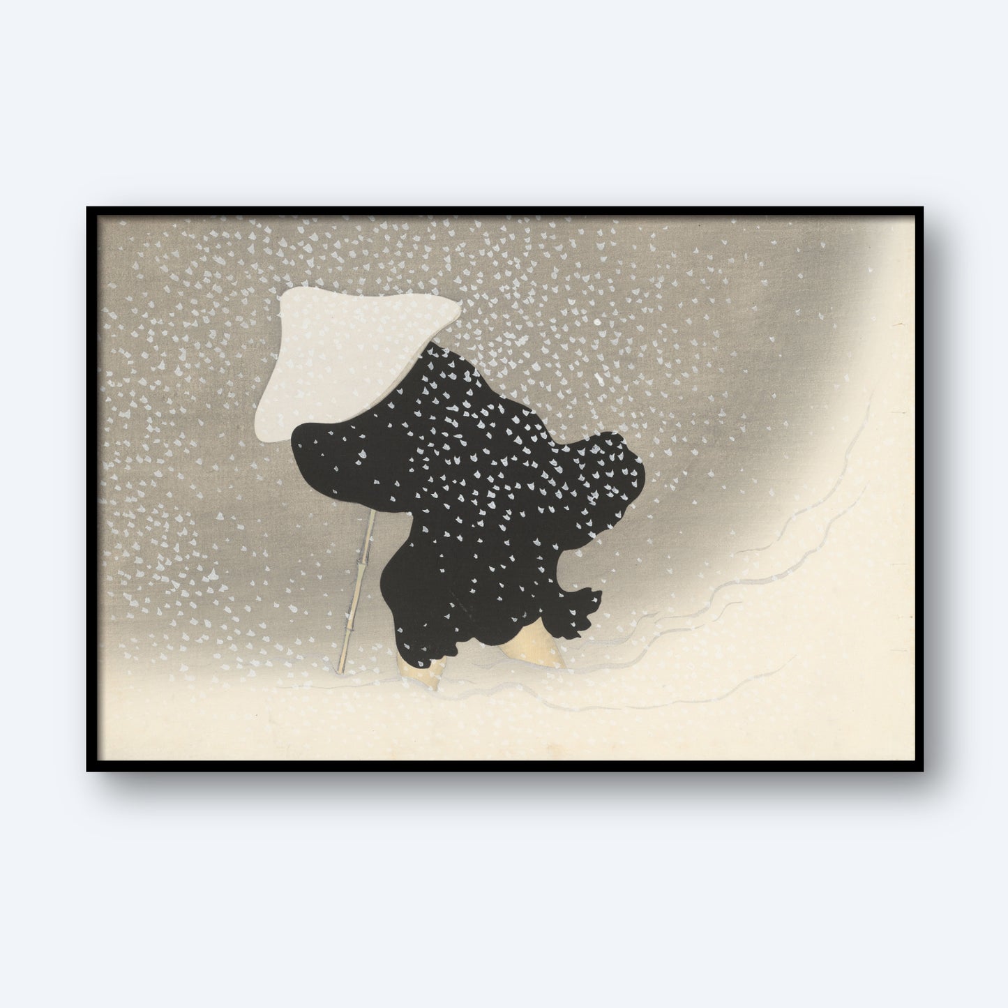 In the minimalist painting titled "Flowers of a Hundred Worlds (Momoyogusa): Swirling Snow (Tomoe no yuki)" by Kamisaka Sekka, a lone figure in black stands with a flowing coat, holding an umbrella amidst swirling snow. The background features a gradient from light to dark gray, creating a serene and monochromatic winter scene that evokes Sekka's ethereal style.