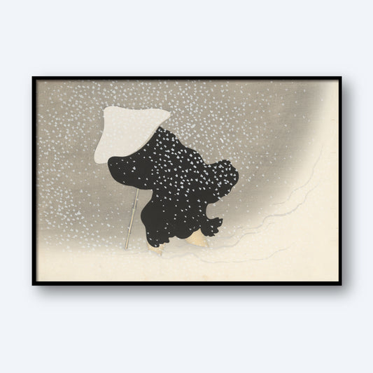 In the minimalist painting titled "Flowers of a Hundred Worlds (Momoyogusa): Swirling Snow (Tomoe no yuki)" by Kamisaka Sekka, a lone figure in black stands with a flowing coat, holding an umbrella amidst swirling snow. The background features a gradient from light to dark gray, creating a serene and monochromatic winter scene that evokes Sekka's ethereal style.