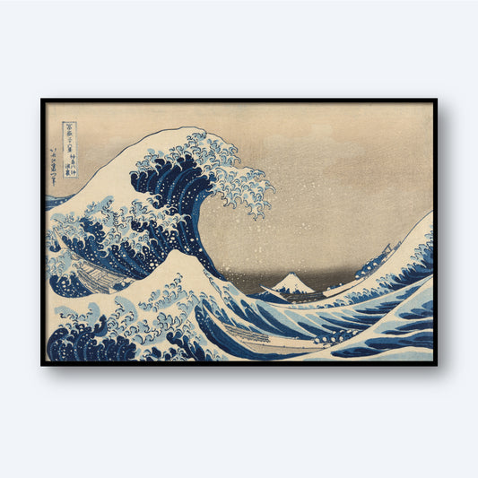 The renowned Japanese woodblock print, The Great Wave off Kanagawa by Katsushika Hokusai, portrays a grand, striking blue wave looming over tiny boats with Mount Fuji in the distance. The wave features white foam at its crest, and the sky is beige with delicate gradations, characteristic of traditional Japanese artistry.