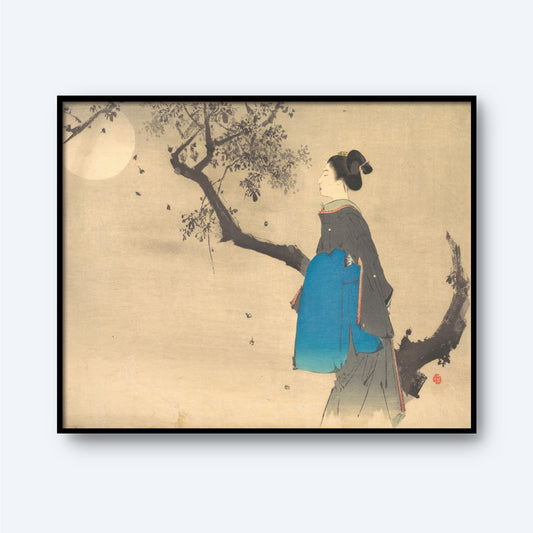 The "View of a Woman in the Moonlight Print" showcases a woman dressed in traditional attire, standing under a tree with sparse leaves. She gazes at a large, bright moon in the background, creating a serene and contemplative scene. The muted colors and delicate details evoke the peaceful atmosphere typical of traditional Japanese art.