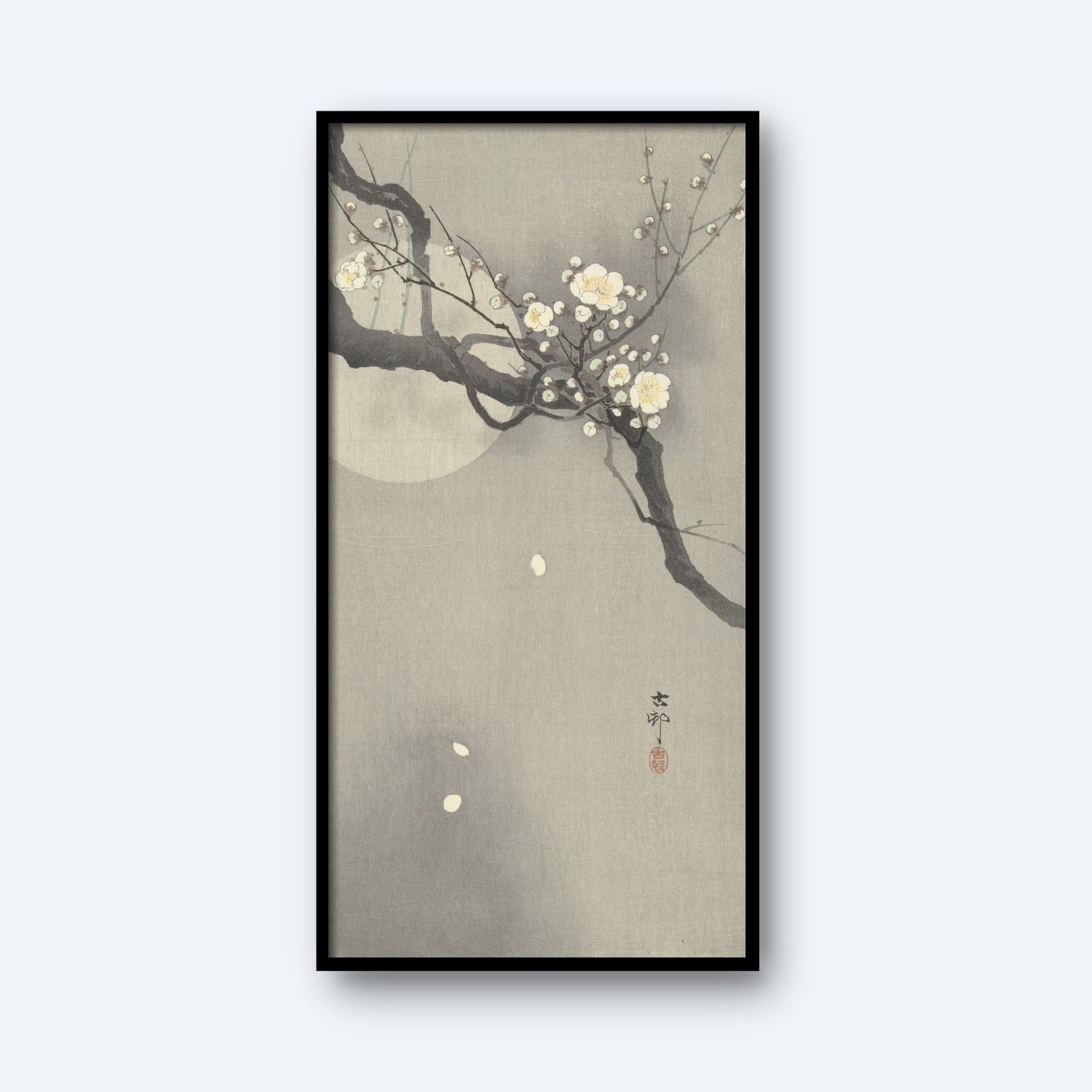 The framed vertical artwork titled "Plum blossom and full moon by Ohara Koson" features a serene scene with blooming white plum blossoms on a branch set against a misty, muted gray background. A faint full moon enhances the tranquil atmosphere in the backdrop, and Japanese calligraphy is present near the bottom of the image.