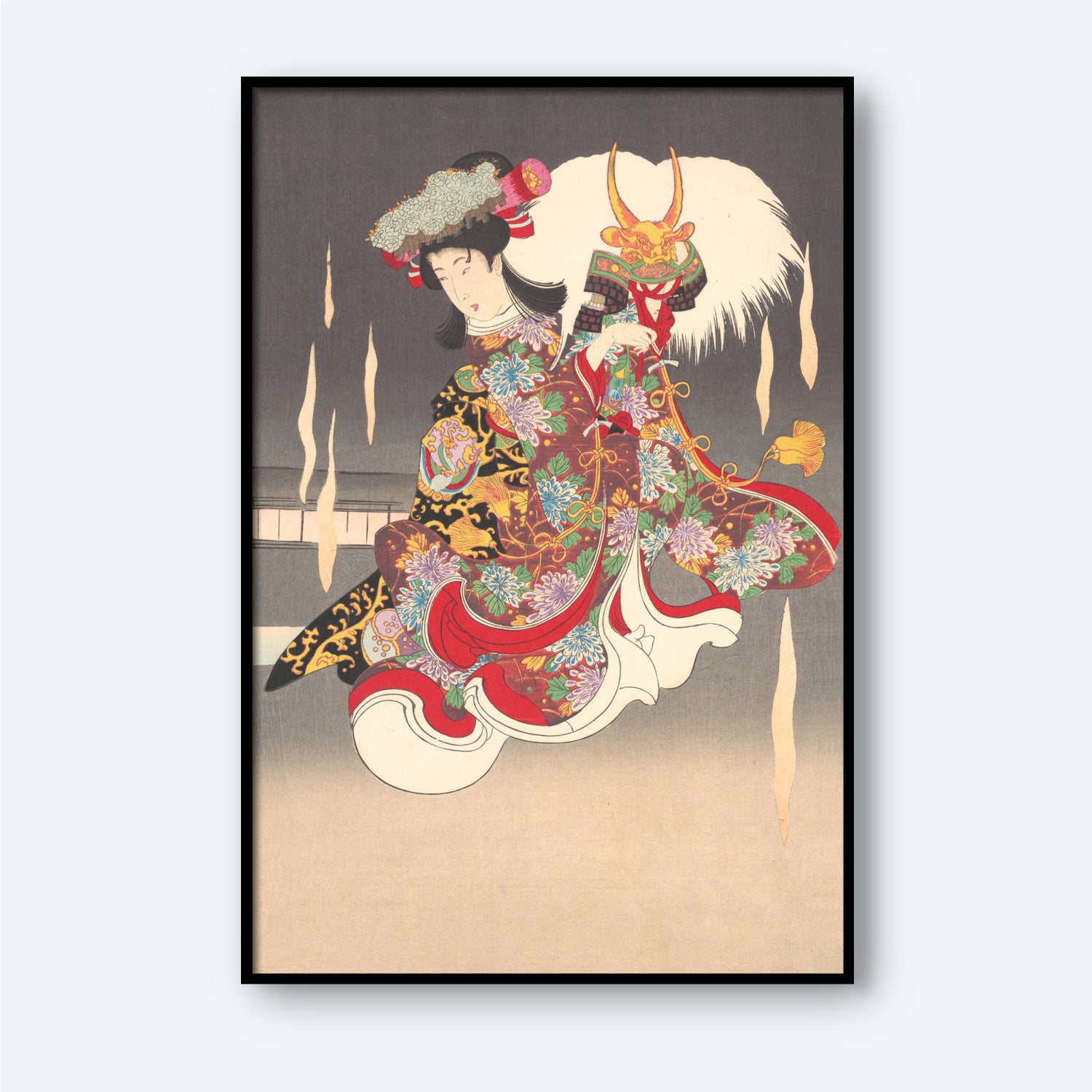 The Scene of Foxfire (Kitsunebi) from the Play Honchô nijûshikô by Toyohara Chikanobu features an elegantly dressed woman with elaborate hair ornaments and a kimono adorned with intricate floral patterns. She holds a fan and a mask amidst a serene background blending from dark to light gradient, evoking themes of Japanese folklore.