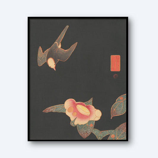 Swallow and Camellia by Ito Jakuchu is an elegant piece of Japanese wall art that depicts a bird flying above a blooming flower with green leaves against a dark background. The artwork features muted tones and intricate details, framed in black. A red stamp with Japanese characters is visible in the upper right corner.
