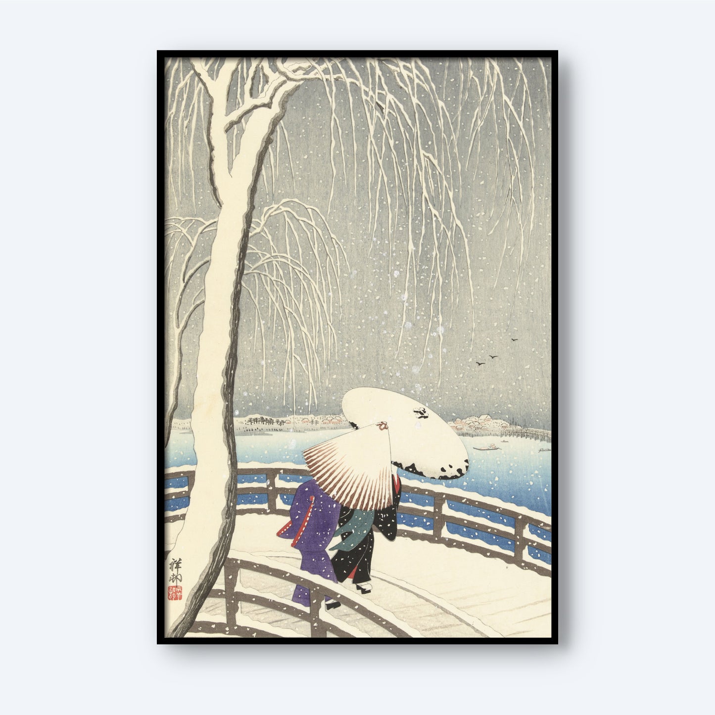 The "Snow on Willow Bridge Ohara Koson" framed artwork beautifully captures a tranquil winter scene featuring two figures holding umbrellas as they walk across a curved wooden bridge. To the left, a snow-covered willow tree adds to the serene ambiance, while a calm, snow-laden landscape extends into the background beneath a muted gray sky. This captivating piece of wall art brings an air of serenity to any space.