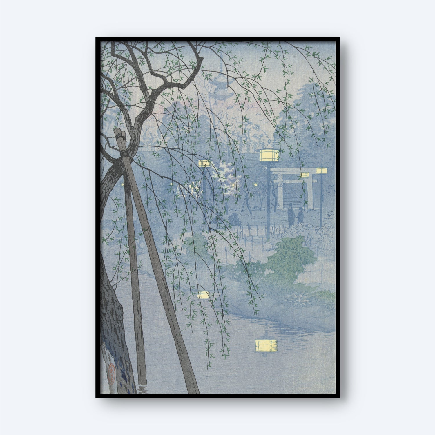 The framed artwork, titled "The Edge of the Shinobazu Pond During a Foggy Evening" by Kasamatsu Shiro, showcases a tranquil scene featuring a tree with drooping branches near a calm body of water. In the background, subtle outlines of a gazebo and foliage are rendered in soft, muted blue and green tones. The composition creates a serene and dreamy atmosphere inspired by Japanese art.