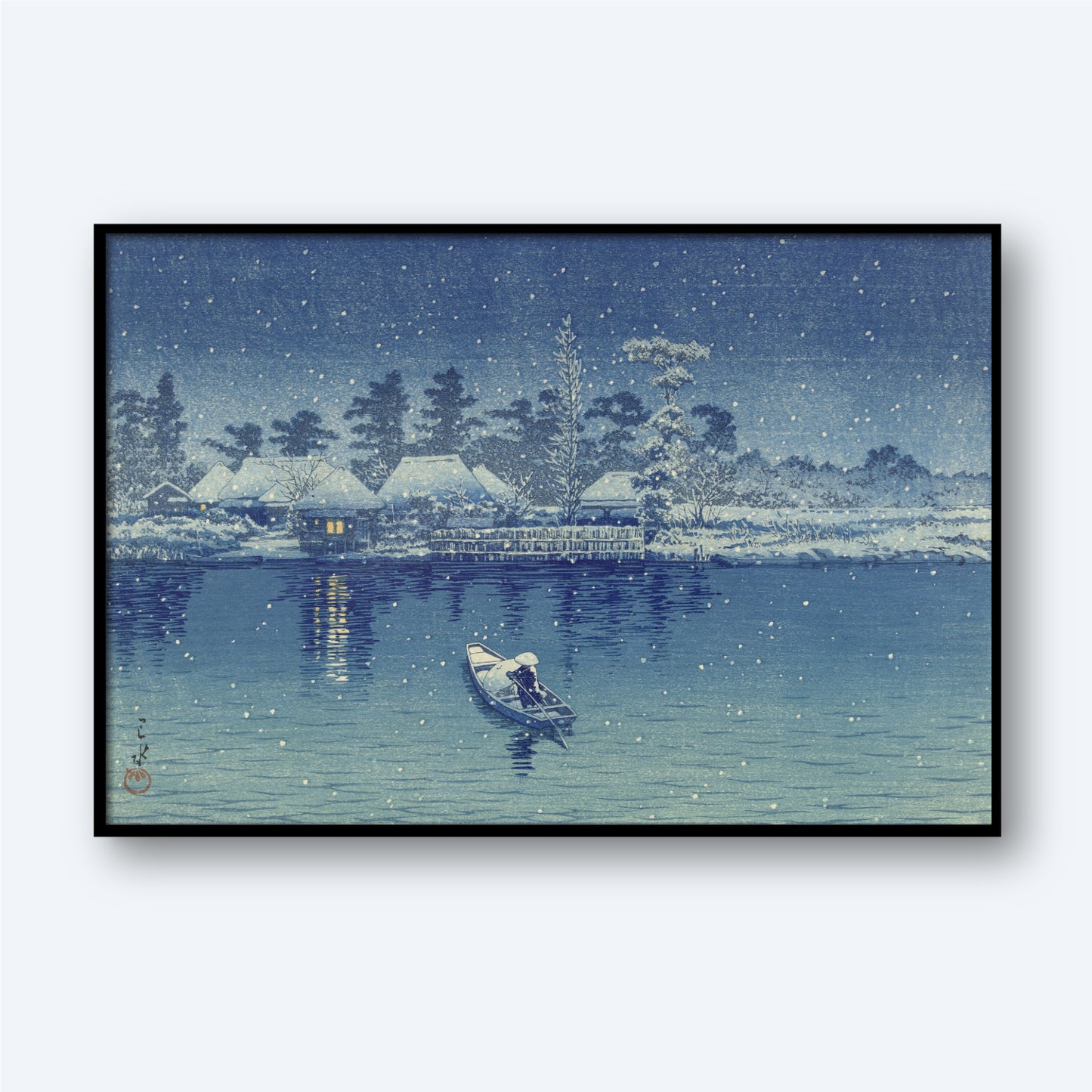 The Ushibori by Kawase Hasui beautifully captures a serene winter scene reminiscent of shin-hanga, with a lone figure in a small boat navigating a calm, snowy river. Snow gently falls, blanketing the landscape, while houses with thatched roofs and evergreen trees line the distant shore. Warm lights illuminate these structures, their reflections shimmering on the water – an exquisite tribute to Kawase Hasui's masterful Japanese art tradition.