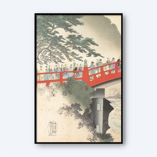 The framed artwork "Sacred Bridge" by Toyohara Chikanobu showcases a traditional Japanese woodblock print of people crossing the Sacred Bridge, set against a picturesque natural landscape with trees and a flowing river below. This serene scene, inspired by Japanese landscapes, features detailed and colorful patterns on the clothing of the individuals.