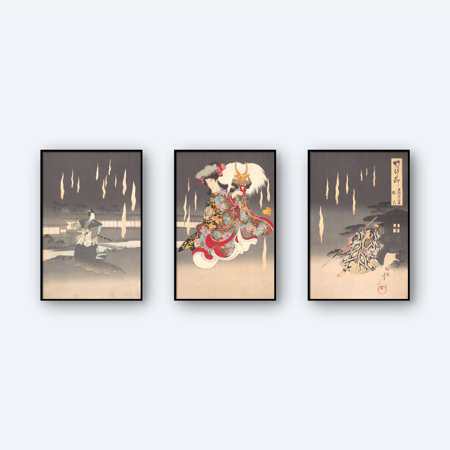 Three framed Japanese woodblock prints against a light background. The prints, reminiscent of Toyohara Chikanobu's work, depict traditional Japanese figures in elaborate kimonos and historical scenes. The central print features a prominent figure in a colorful kimono and headpiece, with hints of kitsunebi folklore interwoven throughout the imagery, titled "Scene of Foxfire (Kitsunebi) from the Play Honchô nijûshikô by Toyohara Chikanobu".