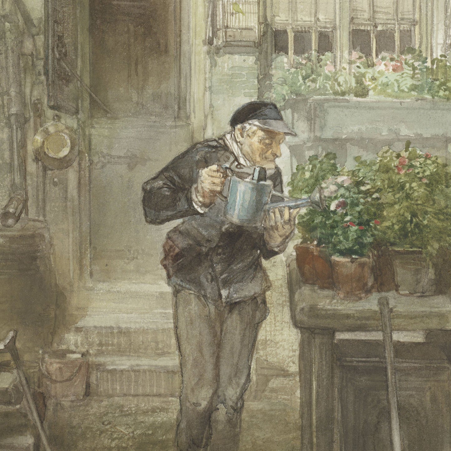 In "The Flower Lover" by Charles Rochussen, an elderly man dressed in a dark jacket, pants, and cap is seen watering potted plants with a watering can in front of a rustic building. His intense focus on the flowers captures a serene moment. Blooms are visible on the balcony above him, further enhancing the scene's natural beauty.