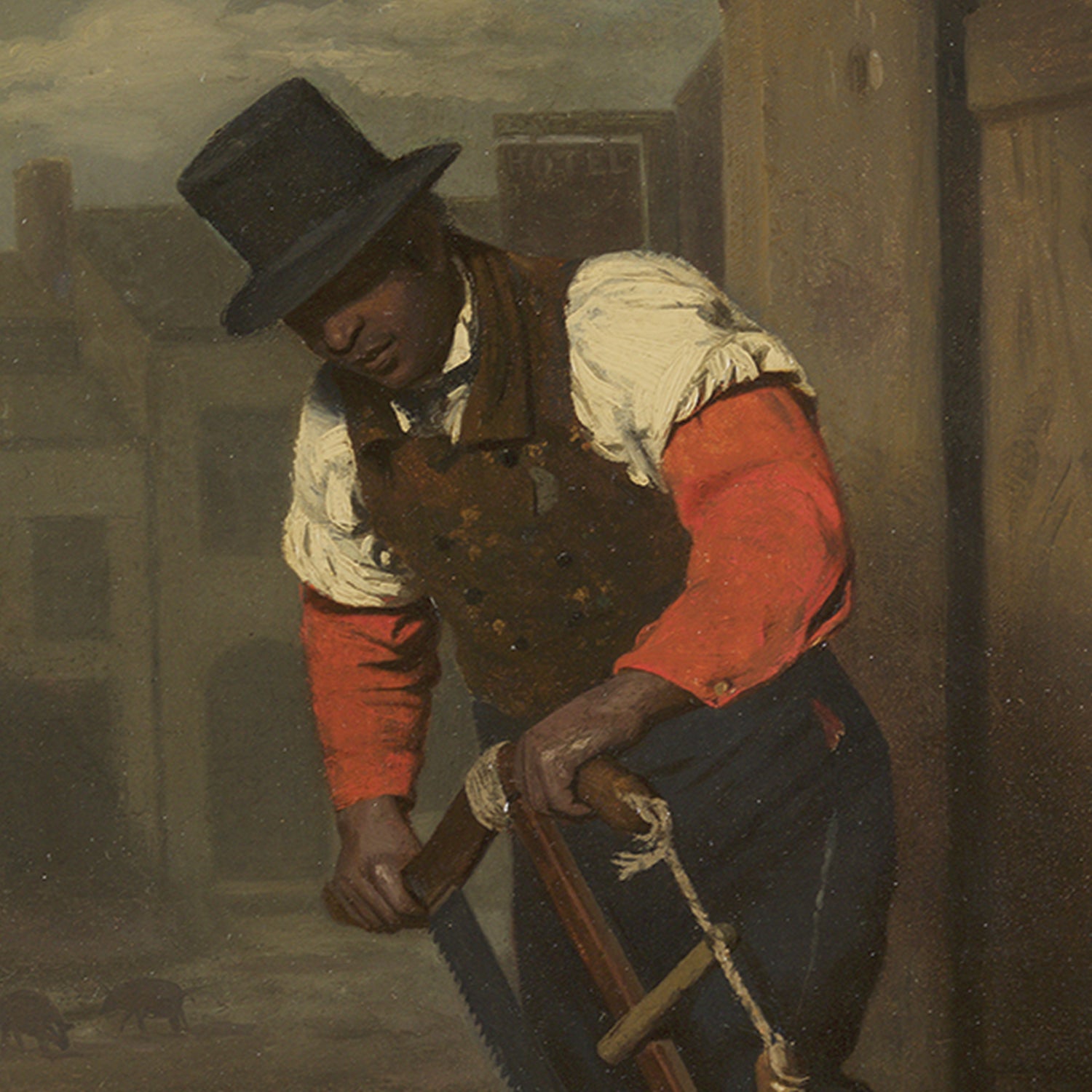 The Wood Sawyer by Charles E. Weir is a 19th-century painting that illustrates a man, probably a wood sawyer, standing on a street. He is dressed in a dark top hat and wears a brown vest over his white shirt with red sleeves. Holding a saw, he seems to be immersed in manual labor, while the building and sign in the background hint at an urban environment.