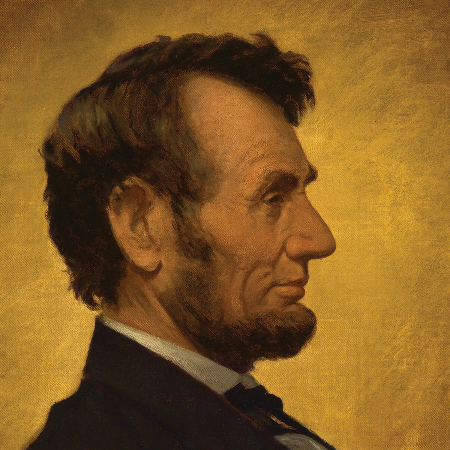 The piece, "Abraham Lincoln by William Willard," features a profile portrait of an individual with dark hair and a beard, reminiscent of a William Willard painting. Set against a warm golden background, the person is dressed in formal attire that highlights the high contrast between the suit and the soft, glowing backdrop.
