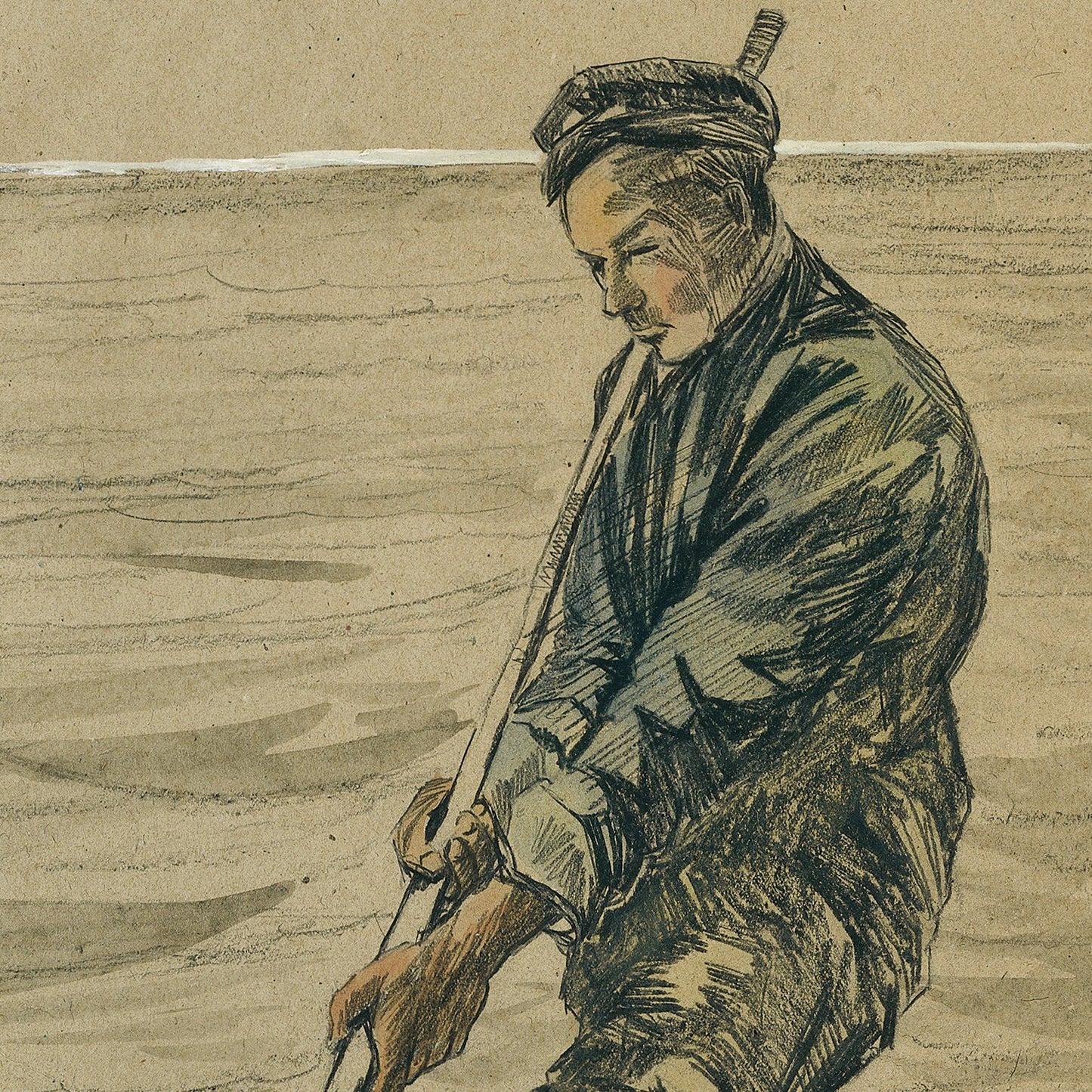 A hand-drawn colored sketch titled "Shells Gathering By Vincent Van Gogh" depicts a person in work attire, including a cap, engrossed in using a long tool. The background evokes a barren or muddy landscape, capturing the rural essence of manual labor reminiscent of Van Gogh prints.