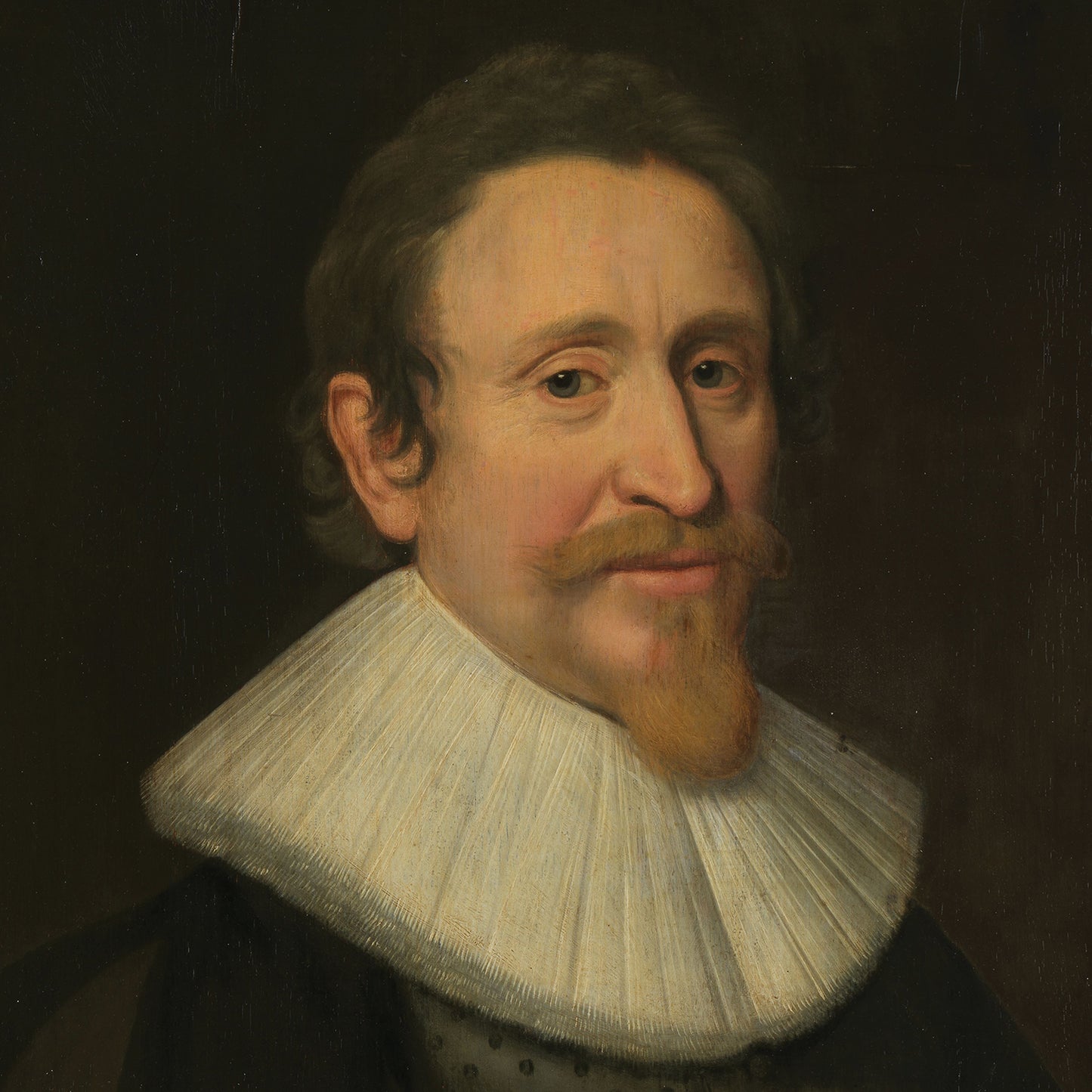 The "Portrait of Hugo Grotius by Michiel Jansz van Mierevelt" depicts a man with a moustache and short beard, wearing a large ruffled white collar. He has short, wavy hair and is set against a dark, plain background. The overall tone of the image is formal and historic.