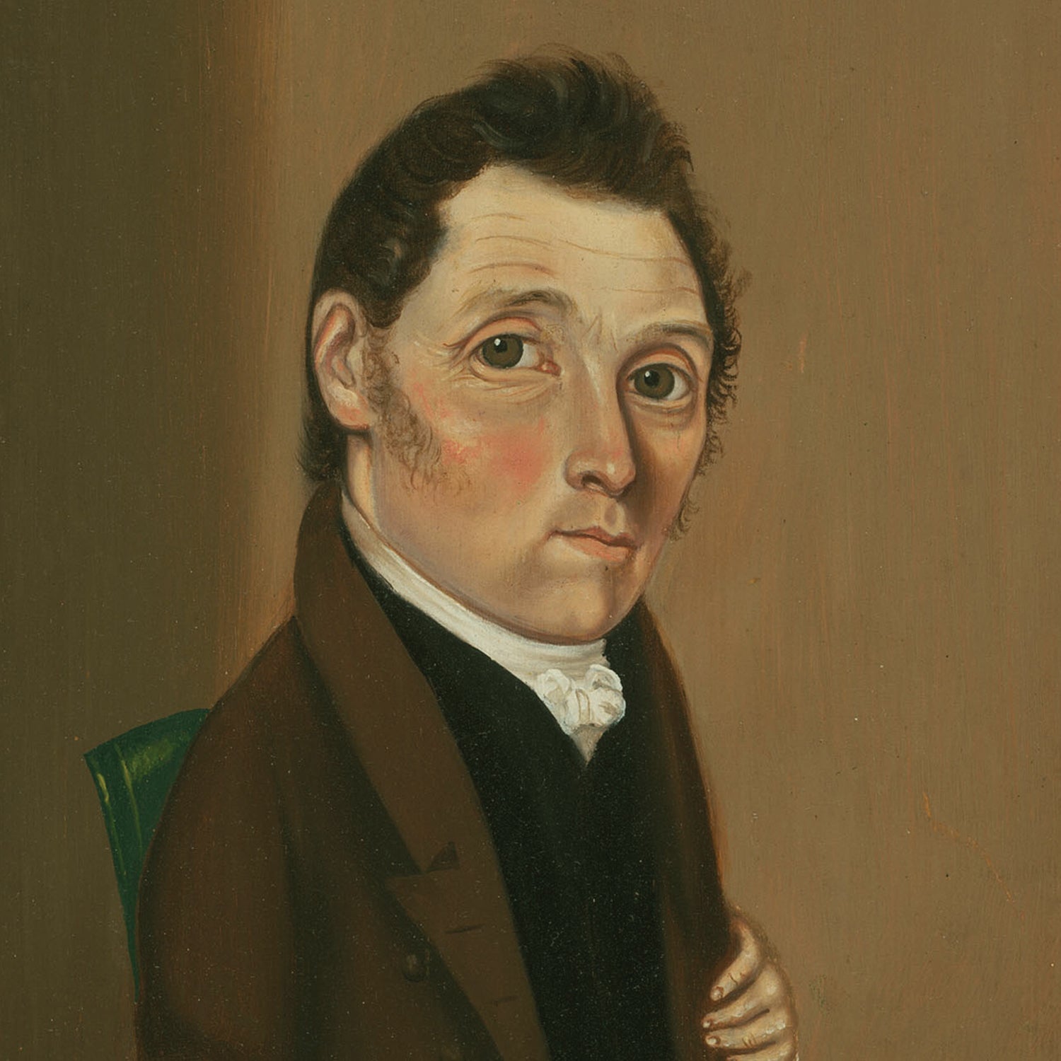 Introducing the William Bonham Print: a high-quality Lustre surface paper capturing every detail of a painting depicting a 19th-century gentleman with short, dark hair and light sideburns. He is dressed in a dark brown coat, black waistcoat, and white shirt with a high collar. Gazing seriously towards the viewer, he stands against a plain brownish background.