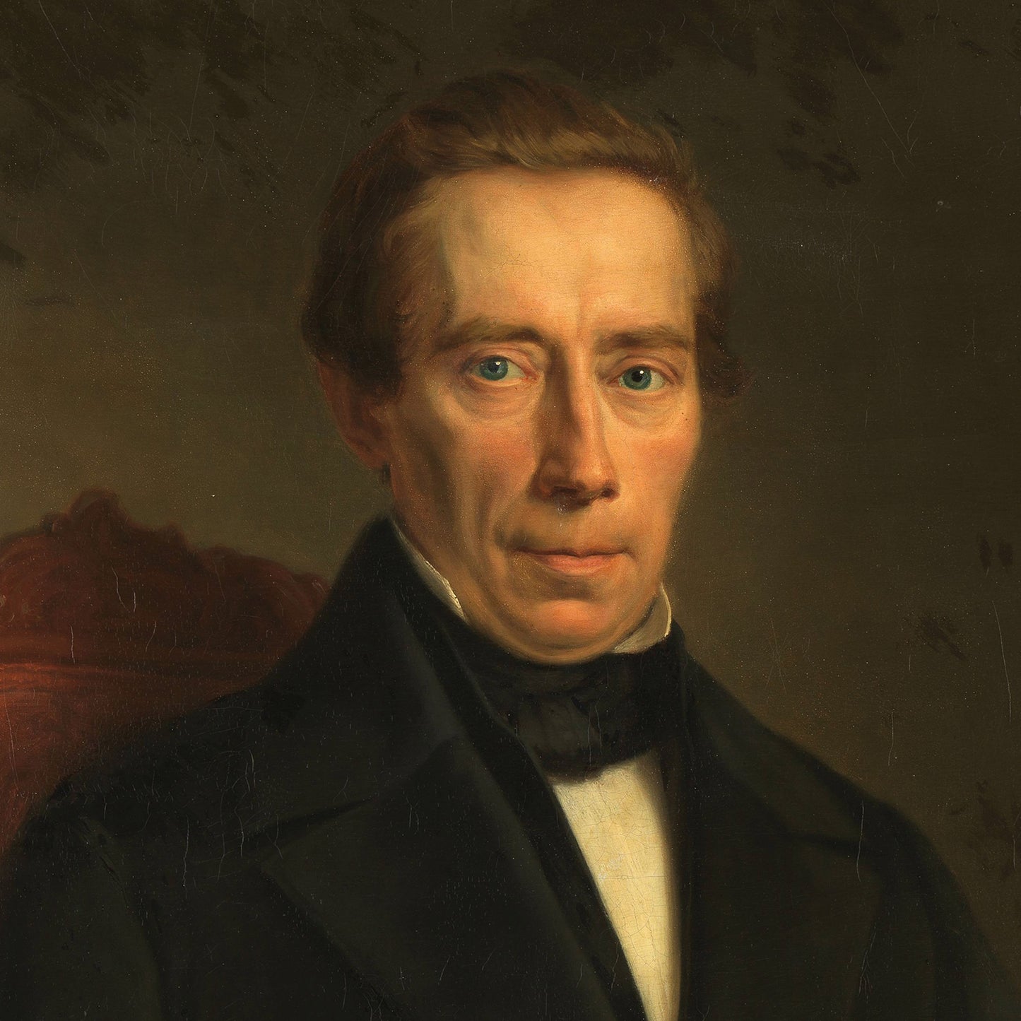 This "Portrait of Johan Rudolf Thorbecke by Johan Heinrich Neuman" features a serious-looking man with combed-back brown hair, blue eyes, and a fair complexion. He is dressed in a black coat, white shirt, and black cravat, set against a dark, muted background—a striking resemblance to the iconic figure from Dutch political history.