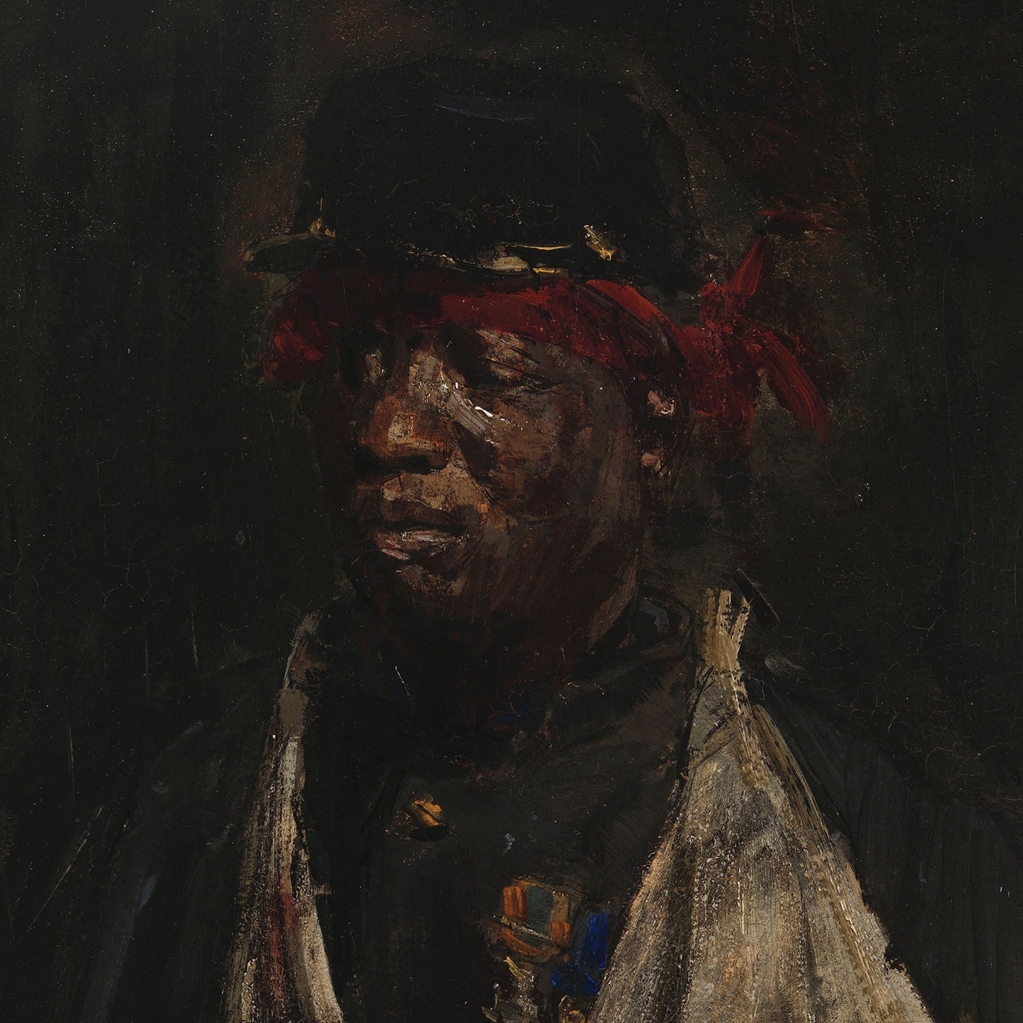 Portrait of a Wounded KNIL Soldier by Isaac Israels" features a somber depiction of a wounded KNIL soldier. The soldier is adorned with a black hat featuring brass accents and wears a red bandana tied around their head. Set against a dark, moody background, the figure is dressed in a dark uniform with military medals and has a worn cloth draped over their shoulders.