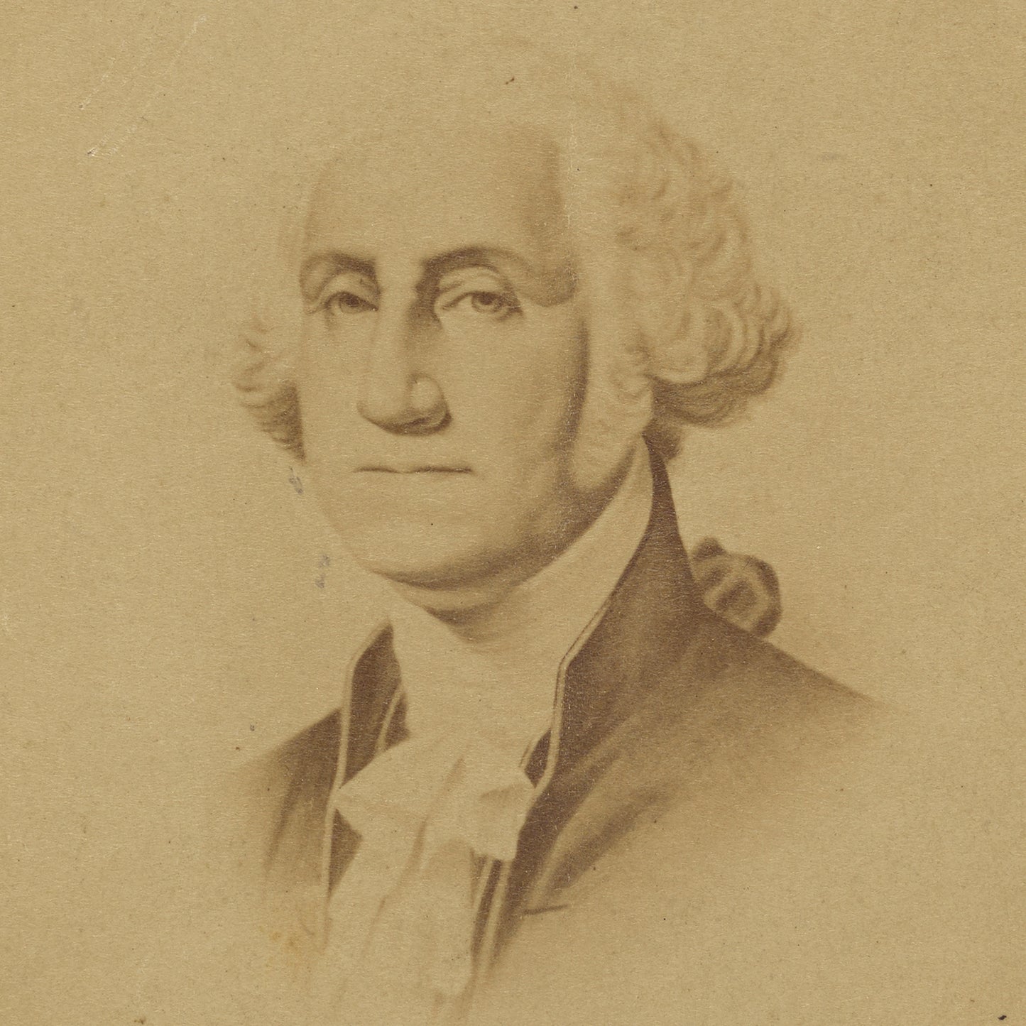 The *George Washington Print* features a sepia-toned portrait of a man with curled white hair and a solemn expression, dressed in 18th-century attire that includes a ruffled white cravat and dark coat. The plain background ensures the full focus is on the subject, evoking the historical art style found in portraits of George Washington.