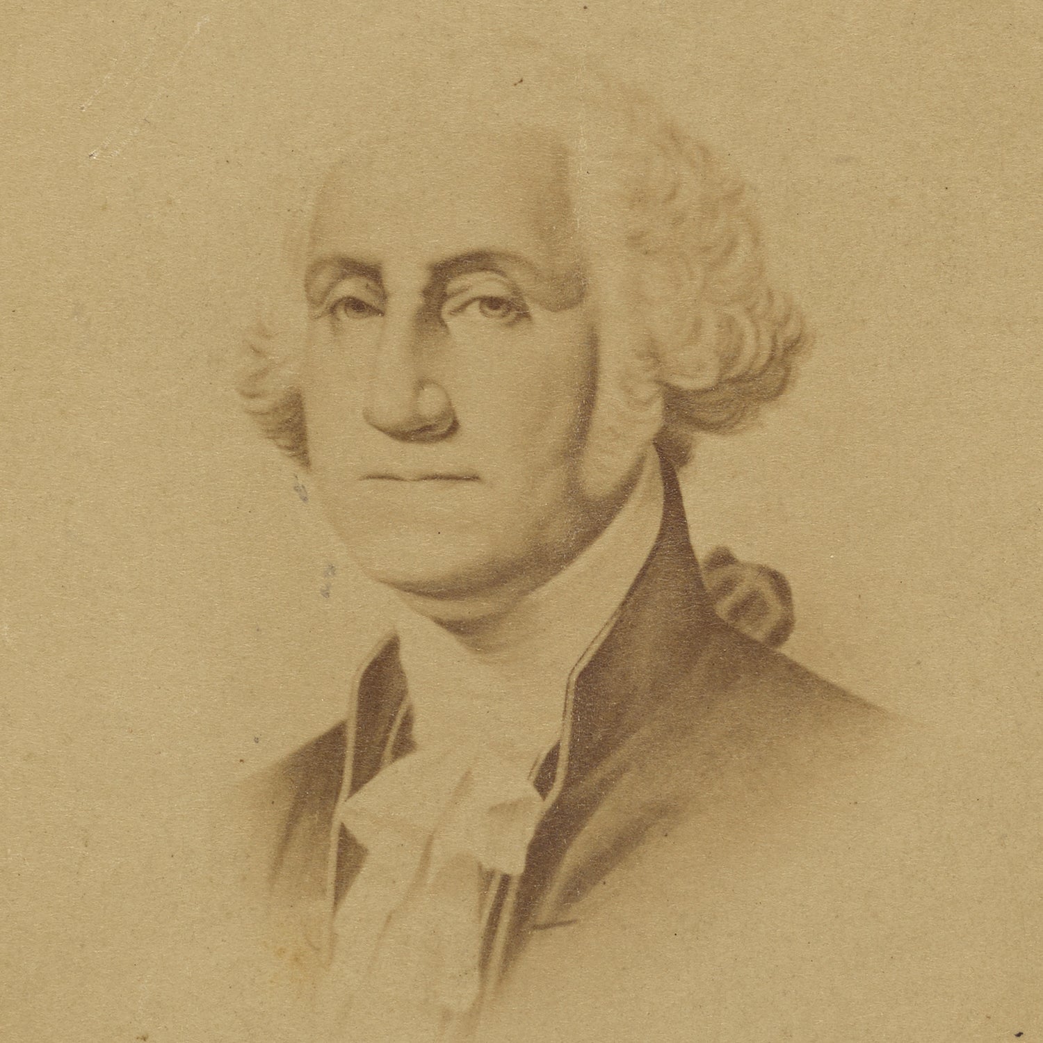 The *George Washington Print* features a sepia-toned portrait of a man with curled white hair and a solemn expression, dressed in 18th-century attire that includes a ruffled white cravat and dark coat. The plain background ensures the full focus is on the subject, evoking the historical art style found in portraits of George Washington.