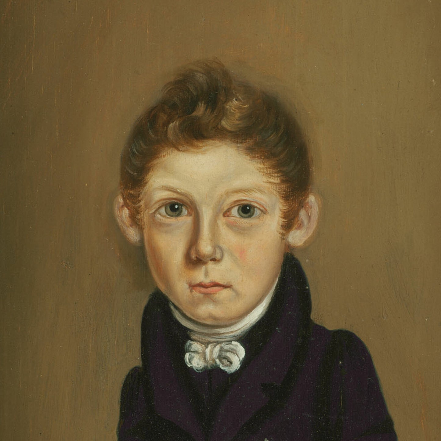 The "J. Ellis Bonham by William Bonnell" is a painted portrait of a young boy with light brown hair and fair skin, reminiscent of 19th-century American portraiture. He wears a dark, formal jacket, a high-collared white shirt, and a white cravat. The background is a plain, light brown color. The boy has a serious expression on his face.