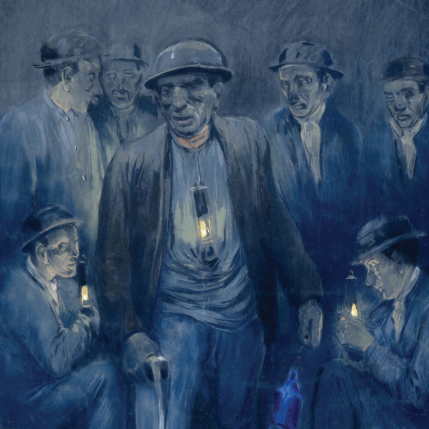The painting "Miners Leaving Shaft Cage," by Herman Heijenbrock, depicts several miners, some holding lanterns, gathered in a dark underground setting. The central figure, wearing a helmet and a lighted lantern around his neck, appears to be walking forward. The background and figures are rendered in dark, muted colors, highlighting the industrial labor scene.