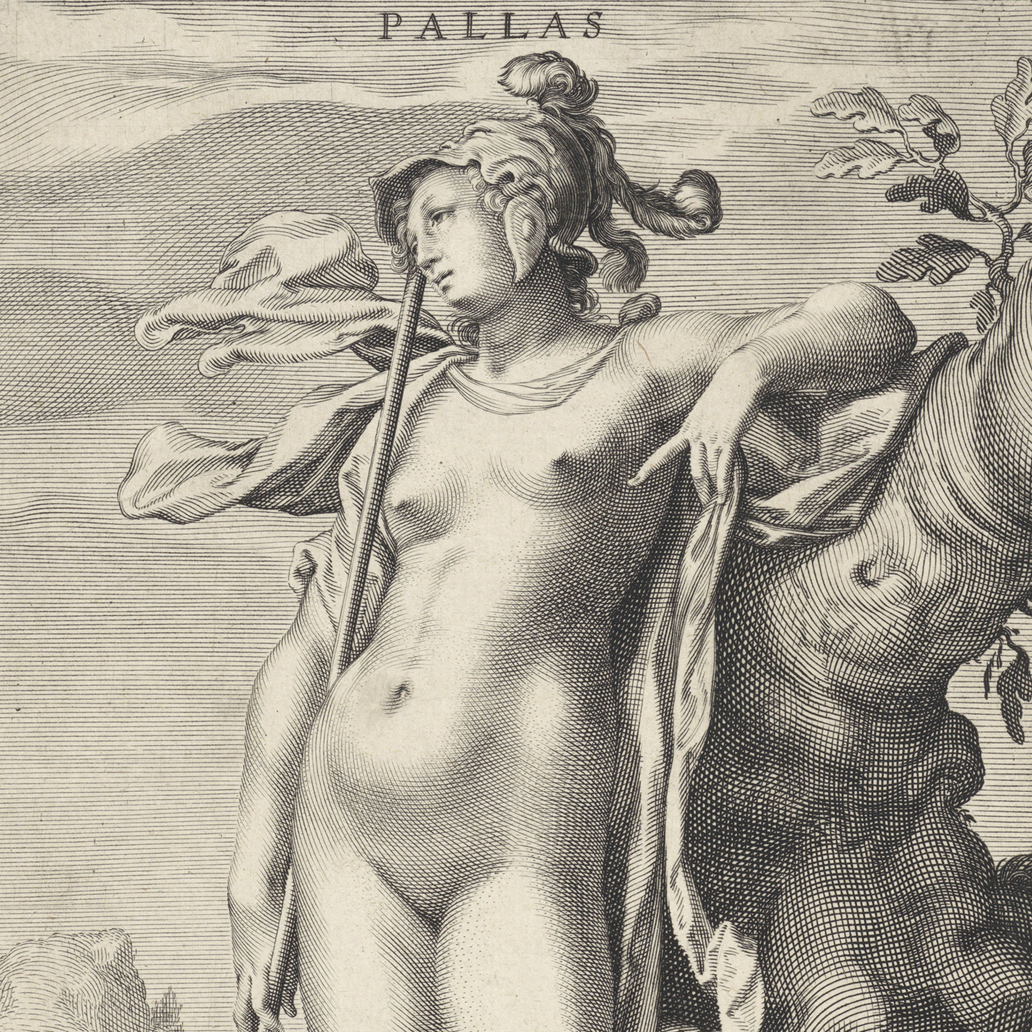 The classical wall art engraving titled "Minerva by a Tree" by Oordeel van Paris depicts a nearly nude figure, labeled "Minerva," wearing a helmet and holding a spear. The background features a tree and a cloudy sky. The figure is positioned in a relaxed, leaning pose with a draped cloth.