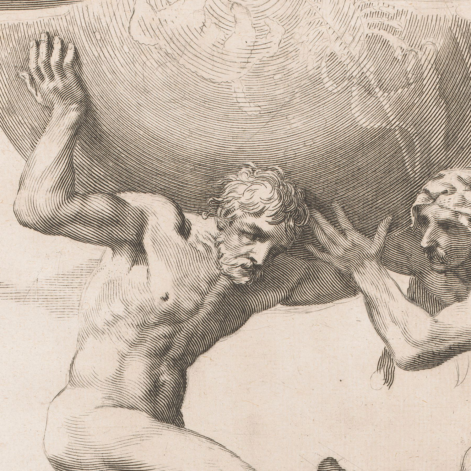 An engraving titled "Hercules Assisting Atlas" by Claude Mellan on premium Lustre surface paper showcases a muscular, bearded man with raised arms, straining to support a large, spherical object above his head. Evoking classical mythology, another less visible figure, possibly Hercules aiding Atlas, appears to lend assistance from the side. The background remains abstract and undefined.