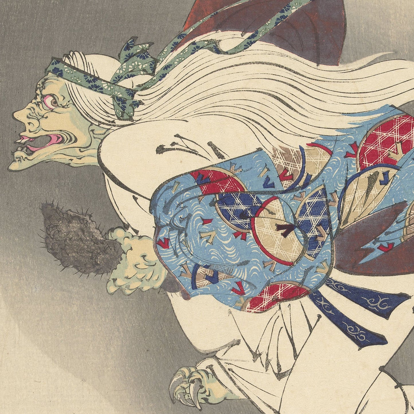 A traditional Japanese ukiyo-e print titled "The Old Woman Retrieves Her Arm" by Yoshitoshi Tsukioka portrays an elderly woman with long white hair riding a broomstick. She is adorned in a colorful kimono with intricate patterns, showcasing blue, red, and white designs that evoke the legendary demon Ibaraki at Rasho Gate. Her menacing facial expression adds to the artwork's dramatic effect.