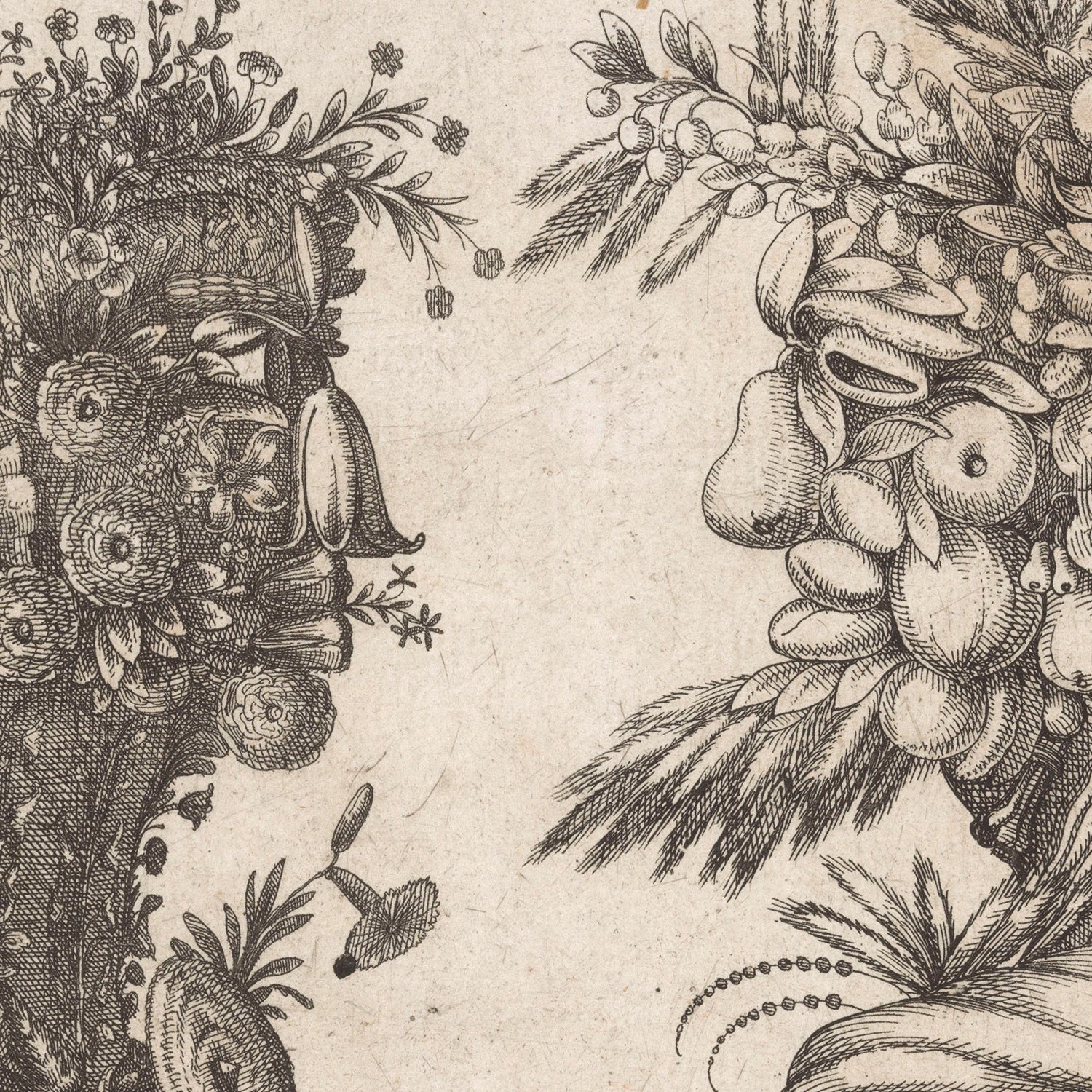 The *Spring and Summer - Two heads made from flora typical of those seasons* is an intricate black-and-white illustration that depicts two human profiles, composed entirely of detailed flowers, leaves, and various plant elements. The figures face each other with delicate flora forming their features, showcasing a harmonious blend of nature and human form.