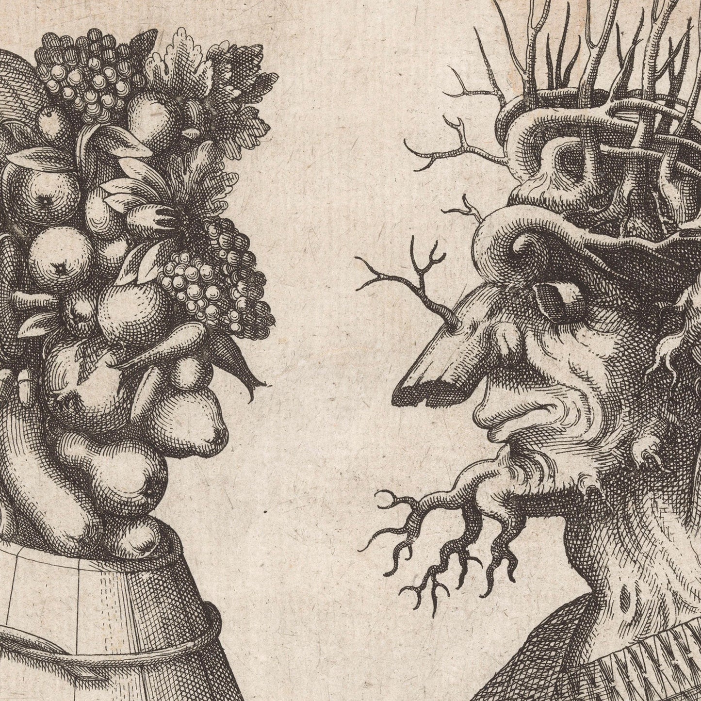 Autumn and Winter, a sepia-toned illustration inspired by Giuseppe Arcimboldo's 16th-century Italian style, features two abstract faces crafted from seasonal natural elements. The left face is composed of fruits, leaves, and flowers typical of autumn; the right face is made from gnarled tree roots, bark, and branches characteristic of winter. Both figures are intricately detailed and face each other in this stunning piece.