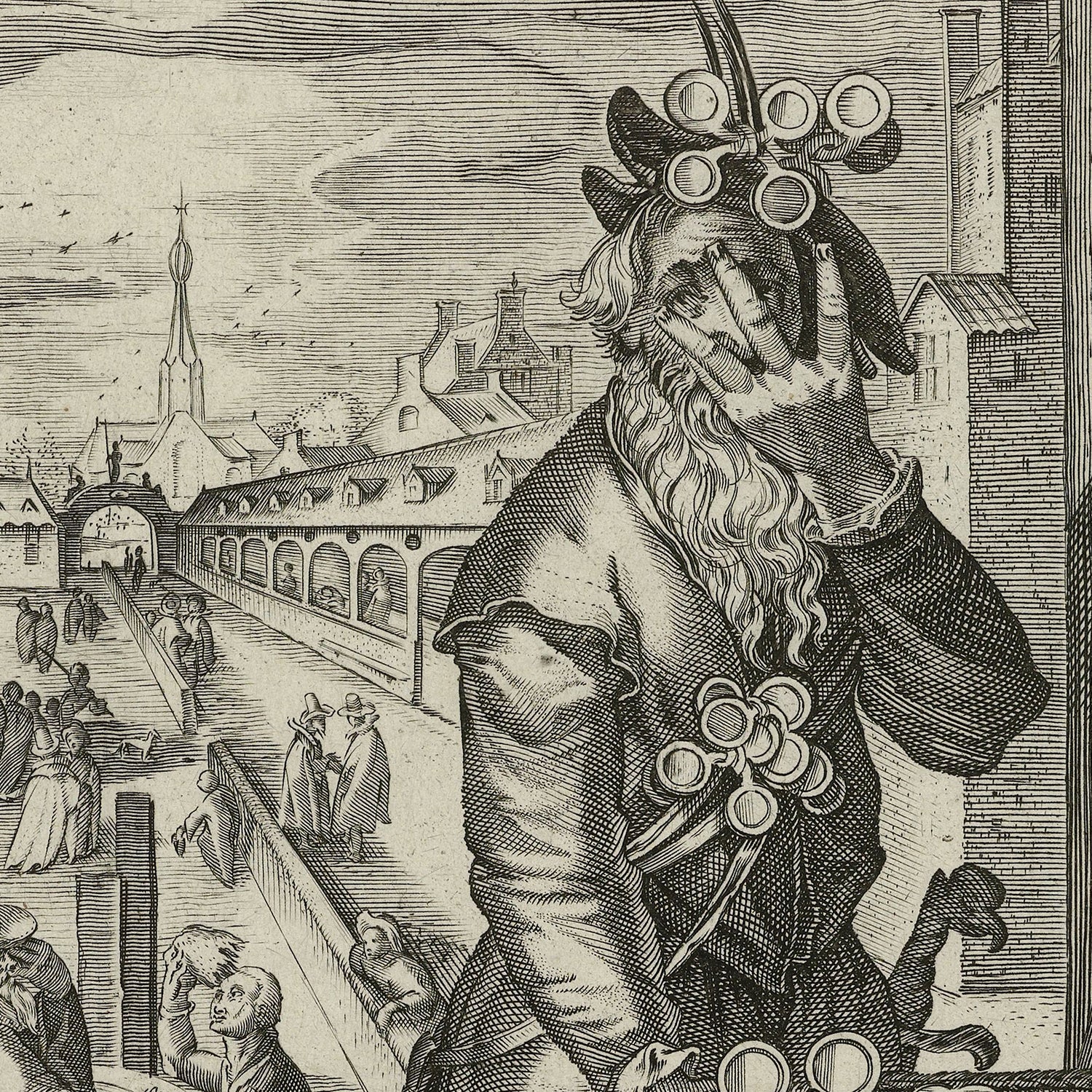 A detailed historical illustration titled "Brillenverkoper - Glasses Copier" by Nicolaes Jansz Clock depicts a whimsical figure adorned with multiple magnifying glasses attached to his hat and clothing. The background features a bustling medieval street with people engaging in various activities near a canal and a bridge.
