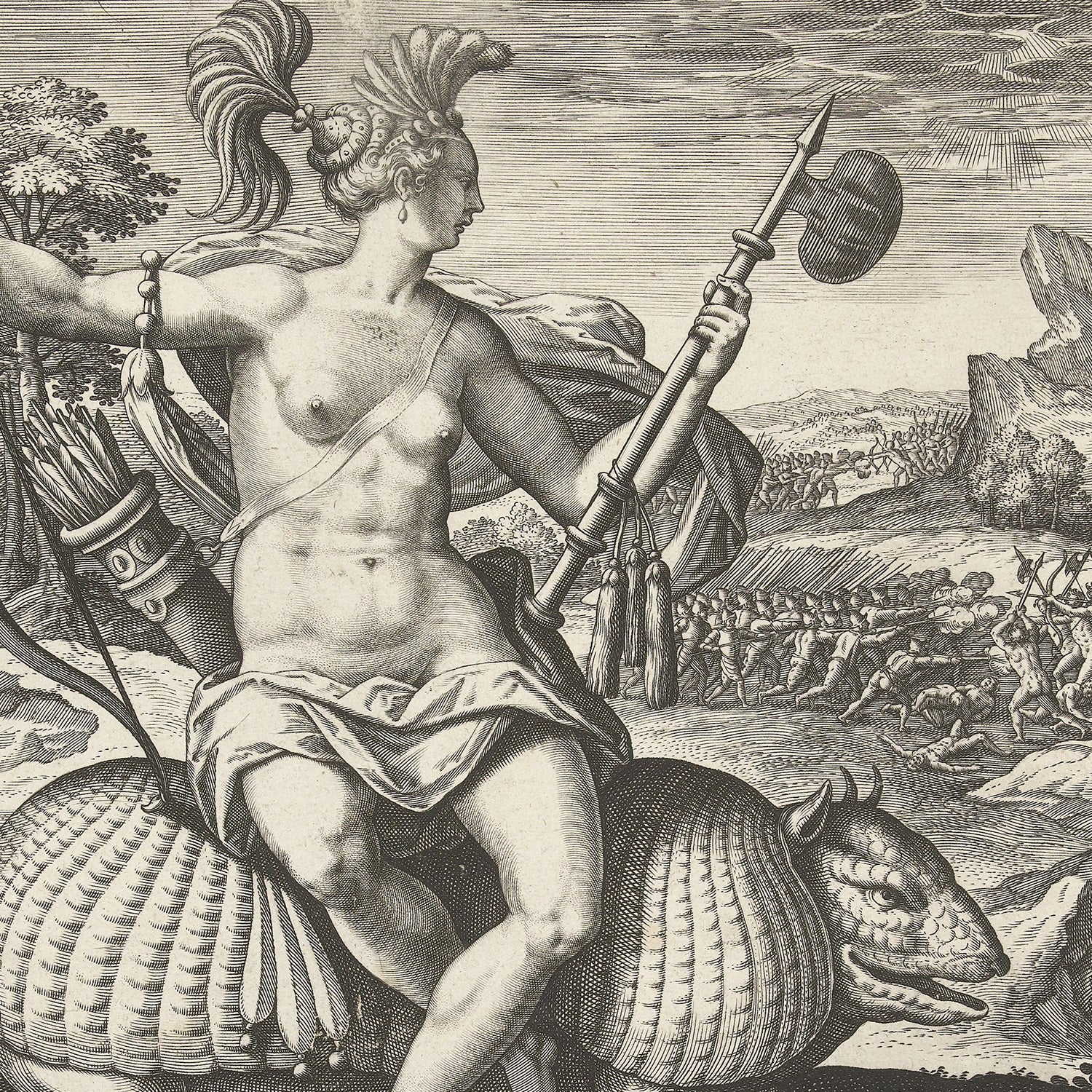 A detailed engraving titled "Allegory of America - The Four Continents" by Adriaen Collaert features a mythological female warrior, partially nude, riding a dragon-like creature. She holds a spear and wears a helmet. In the background, numerous small figures suggest an ongoing battle amidst a rugged landscape, capturing the essence of European art and exploration.