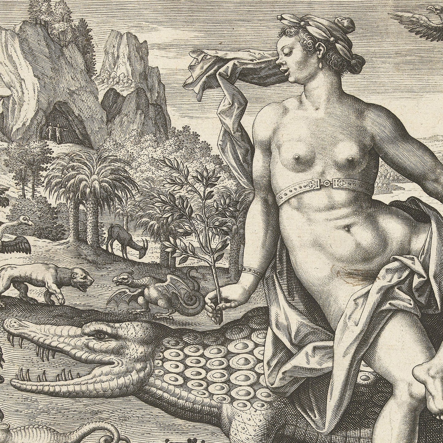 The piece titled "Allegory of Africa - The Four Continents" by Adriaen Collaert is a detailed black and white engraving depicting an Allegory of Africa scene. It features a partially draped woman atop a large, fantastical crocodile-like creature with numerous eyes on its body, set against a background of various animals and a rocky landscape accented with scattered trees.