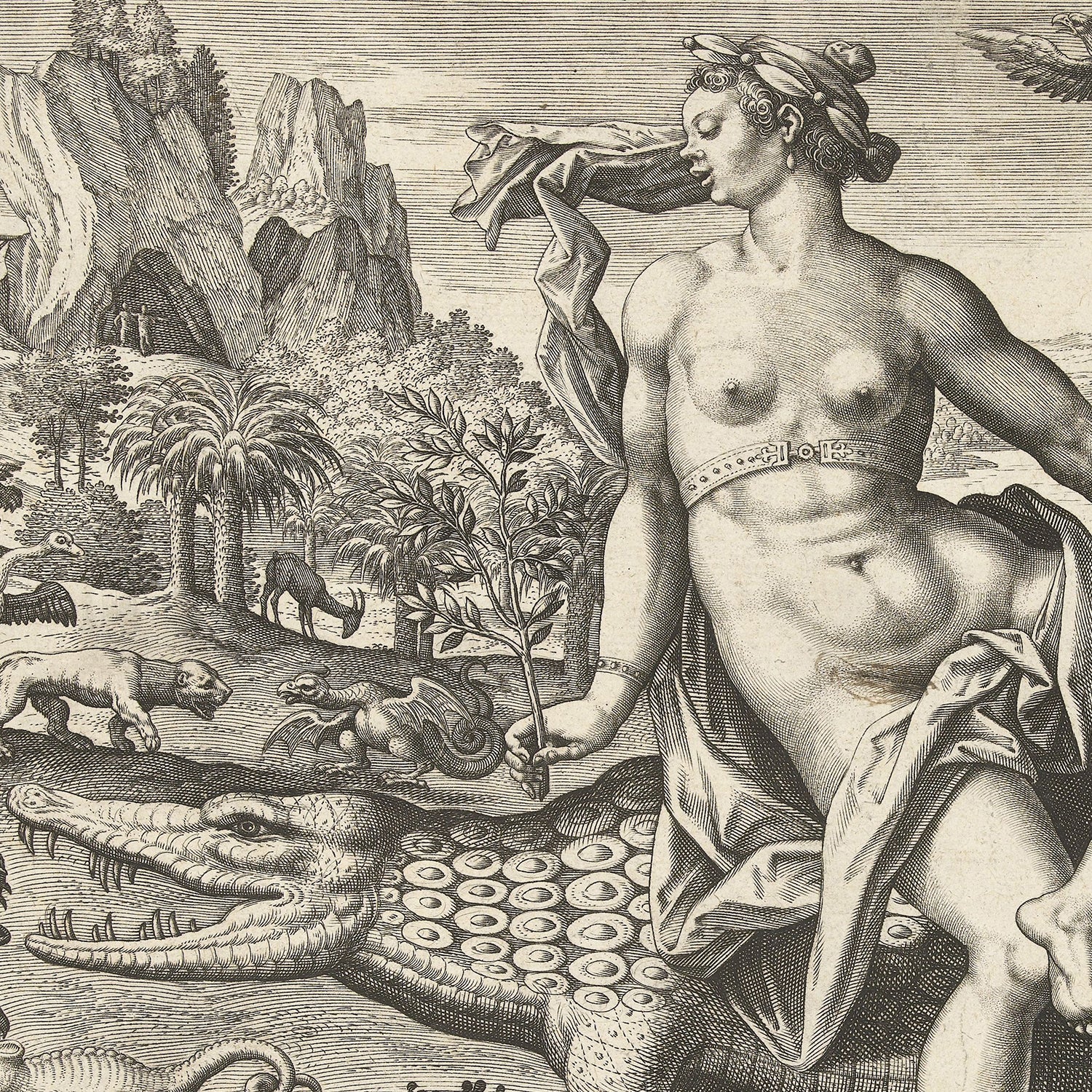 The piece titled "Allegory of Africa - The Four Continents" by Adriaen Collaert is a detailed black and white engraving depicting an Allegory of Africa scene. It features a partially draped woman atop a large, fantastical crocodile-like creature with numerous eyes on its body, set against a background of various animals and a rocky landscape accented with scattered trees.
