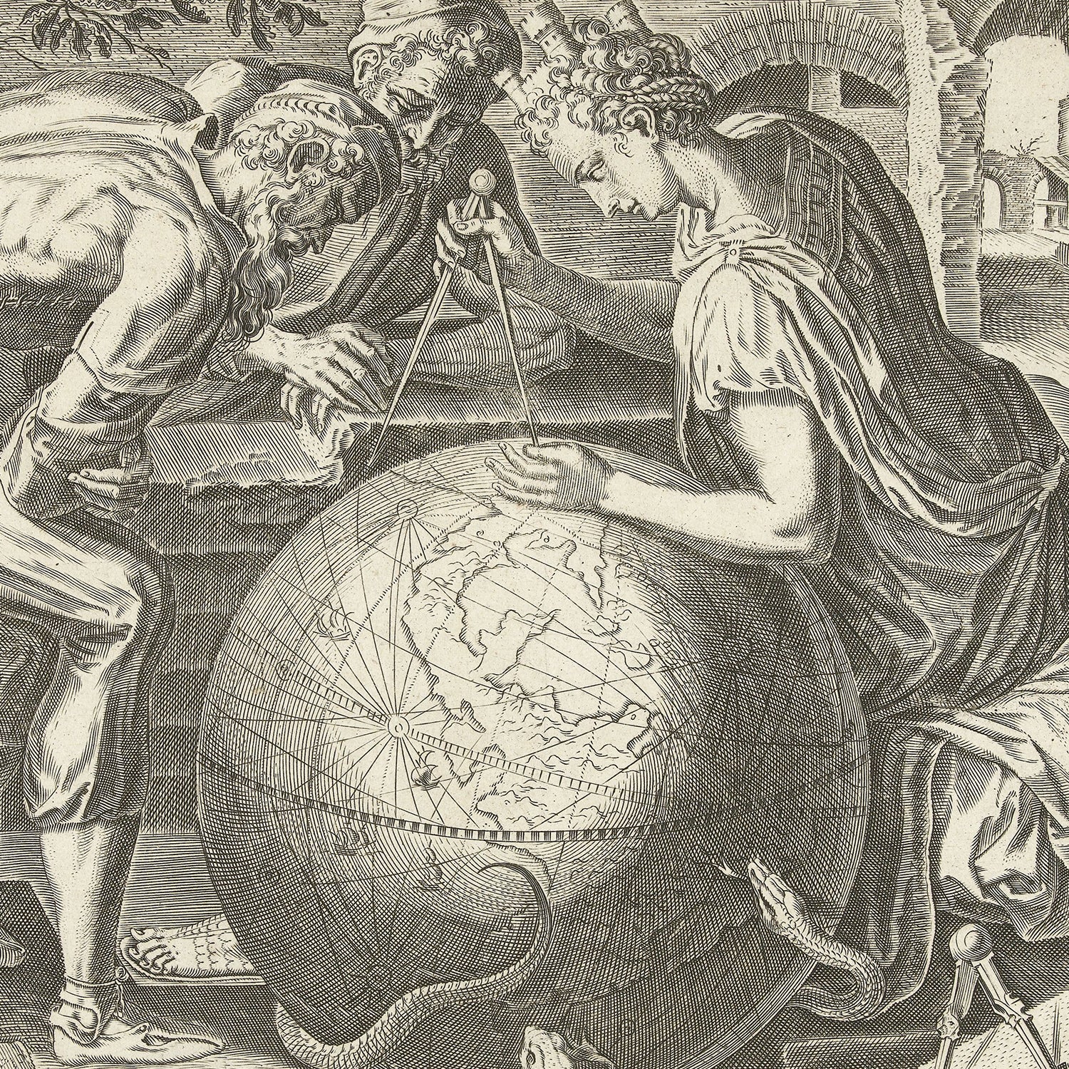 The intricate and detailed Renaissance engraving titled "Geometria - Meetkunde" by Cornelis Cort depicts three figures examining a large globe. One figure uses a pair of compasses to measure the globe, while the others observe closely. The background includes arches and architectural elements, with a serpent coiled at the base of the globe.