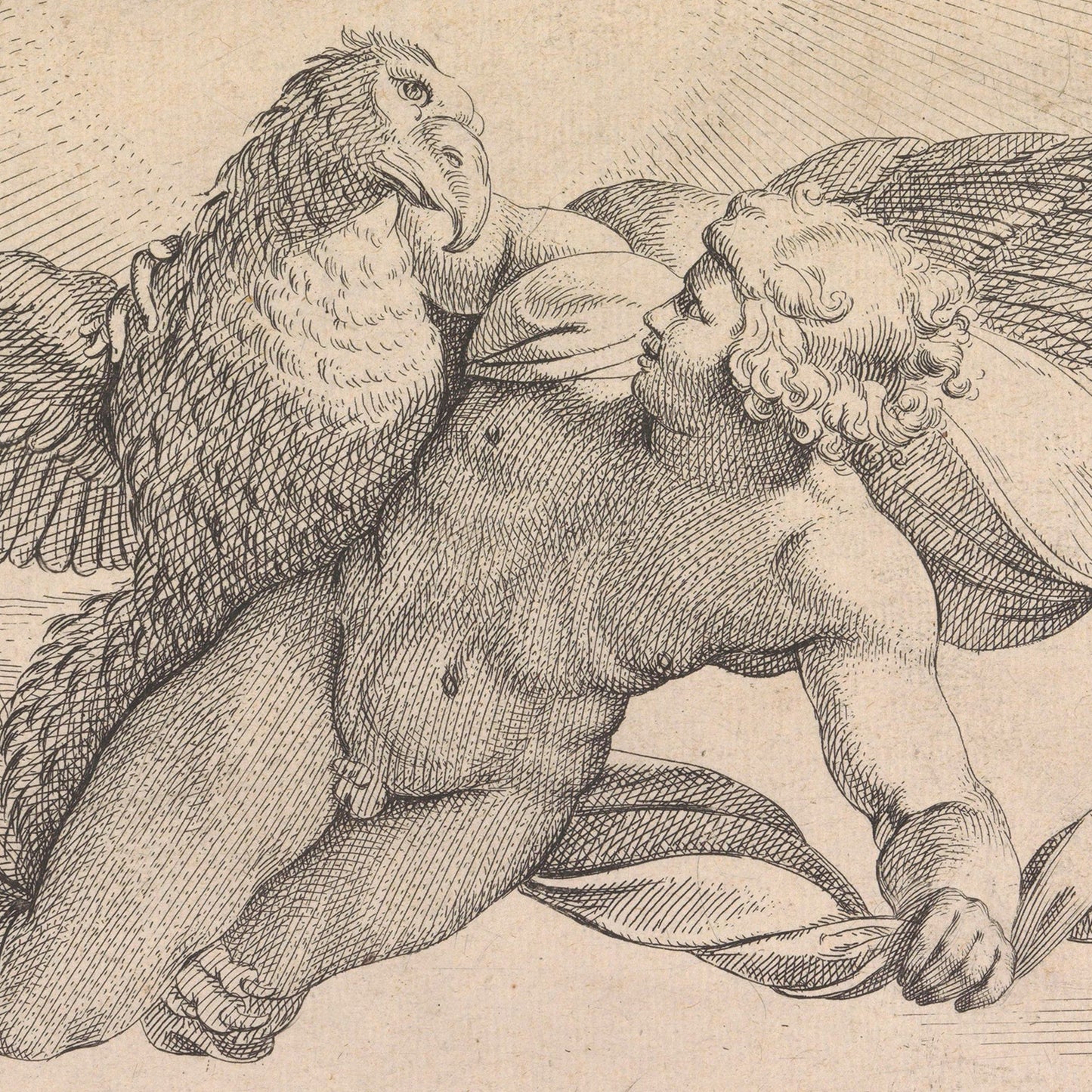 The "Abduction of Ganymede" by Nicolas Mignard is a detailed, classical style drawing depicting a mythological scene. It features a muscular, curly-haired human figure holding a large bird, possibly an eagle, by its wings. The figure's gaze towards the bird suggests a dynamic interaction. Mignard’s skillful use of light enhances this majestic wall art, with the background lightly sketched to complete the composition.