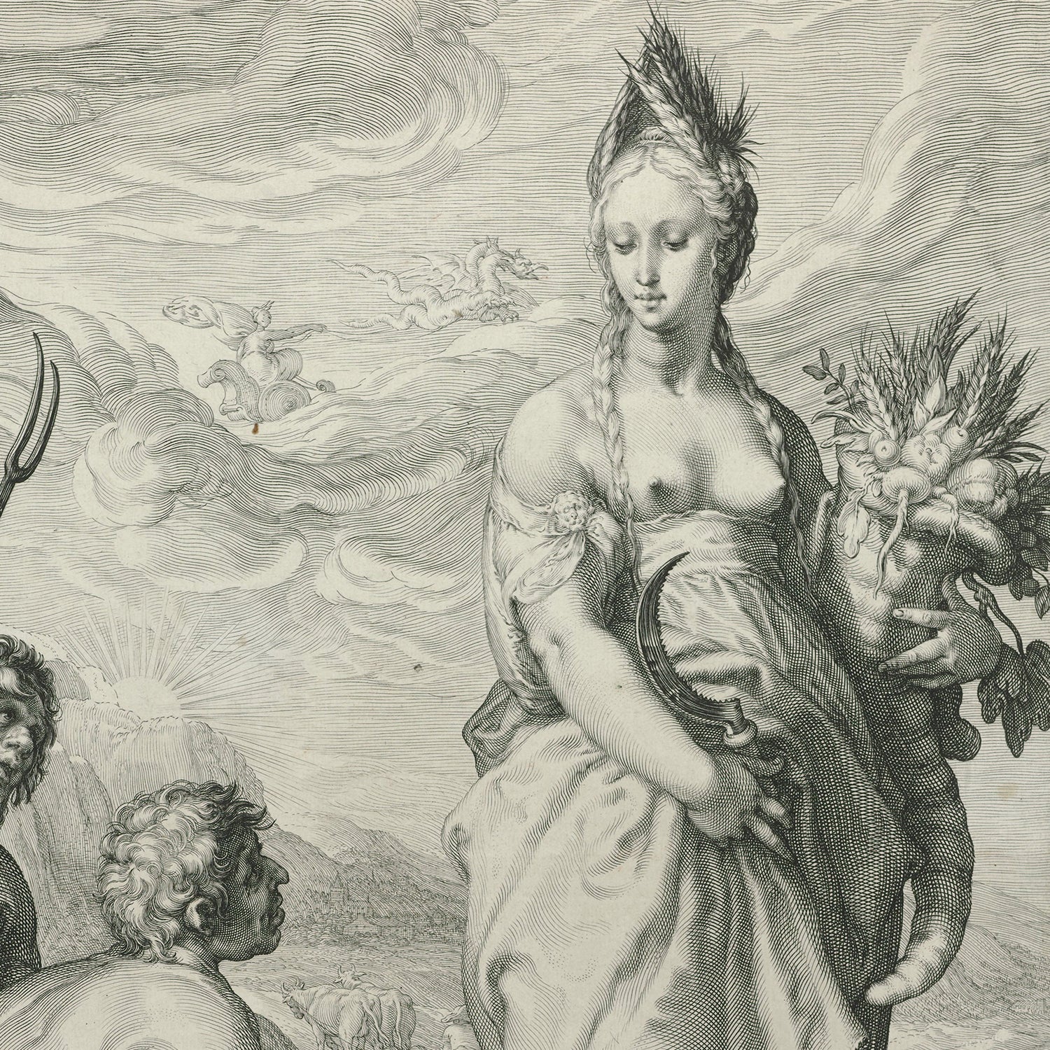 The detailed engraving titled "Cult of Ceres" by Jan Saenredam and Jan Saenredam portrays a classical, mythological scene featuring a woman with braided hair, adorned in a headpiece and carrying a cornucopia overflowing with fruits and vegetables. Ethereal figures and celestial elements enrich the background behind her.