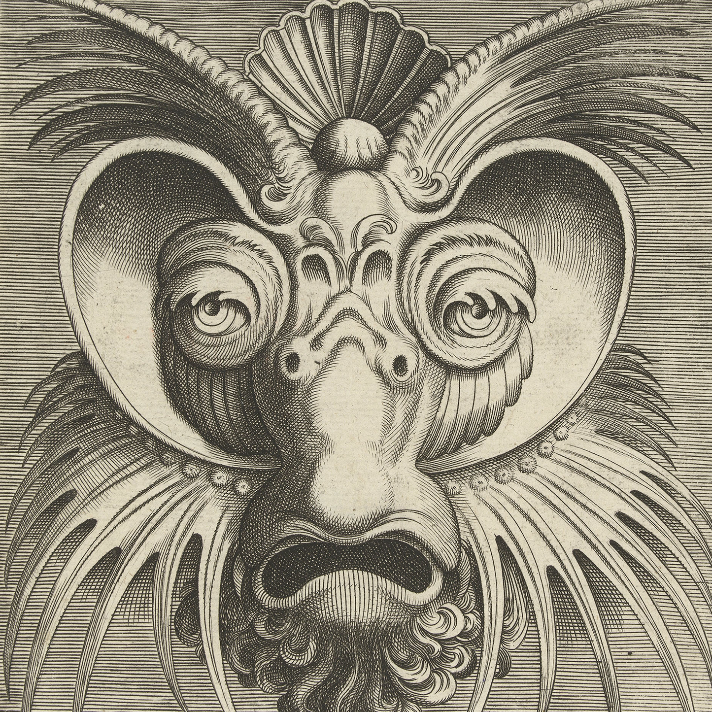 The Huys 1555 Decorative Ornamental Mask showcases an intricate black and white engraving of a fantastical, mask-like face. It features exaggerated, swirled eyes, a prominent nose, a shell-like crest on the forehead, and elaborate, feathery extensions surrounding its features. The image exudes a surreal and decorative quality.