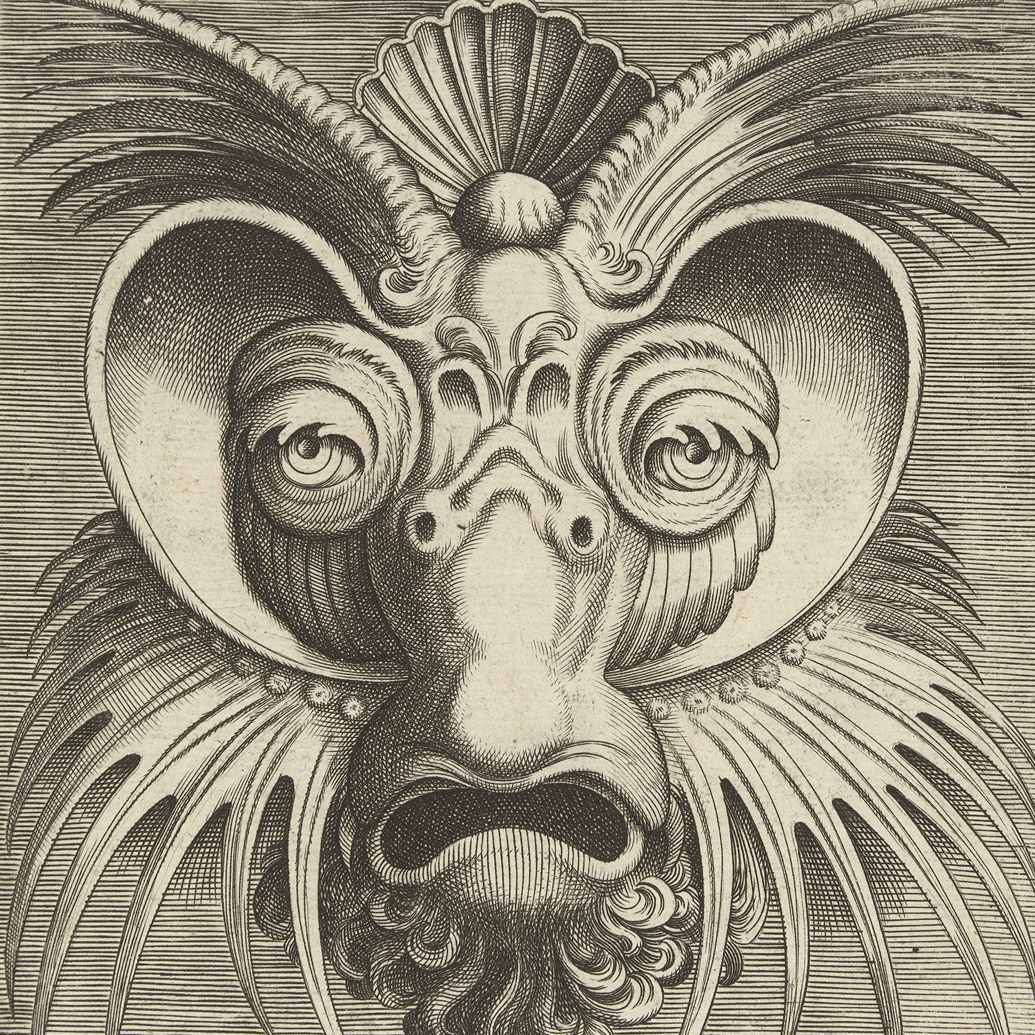 The Huys 1555 Decorative Ornamental Mask showcases an intricate black and white engraving of a fantastical, mask-like face. It features exaggerated, swirled eyes, a prominent nose, a shell-like crest on the forehead, and elaborate, feathery extensions surrounding its features. The image exudes a surreal and decorative quality.