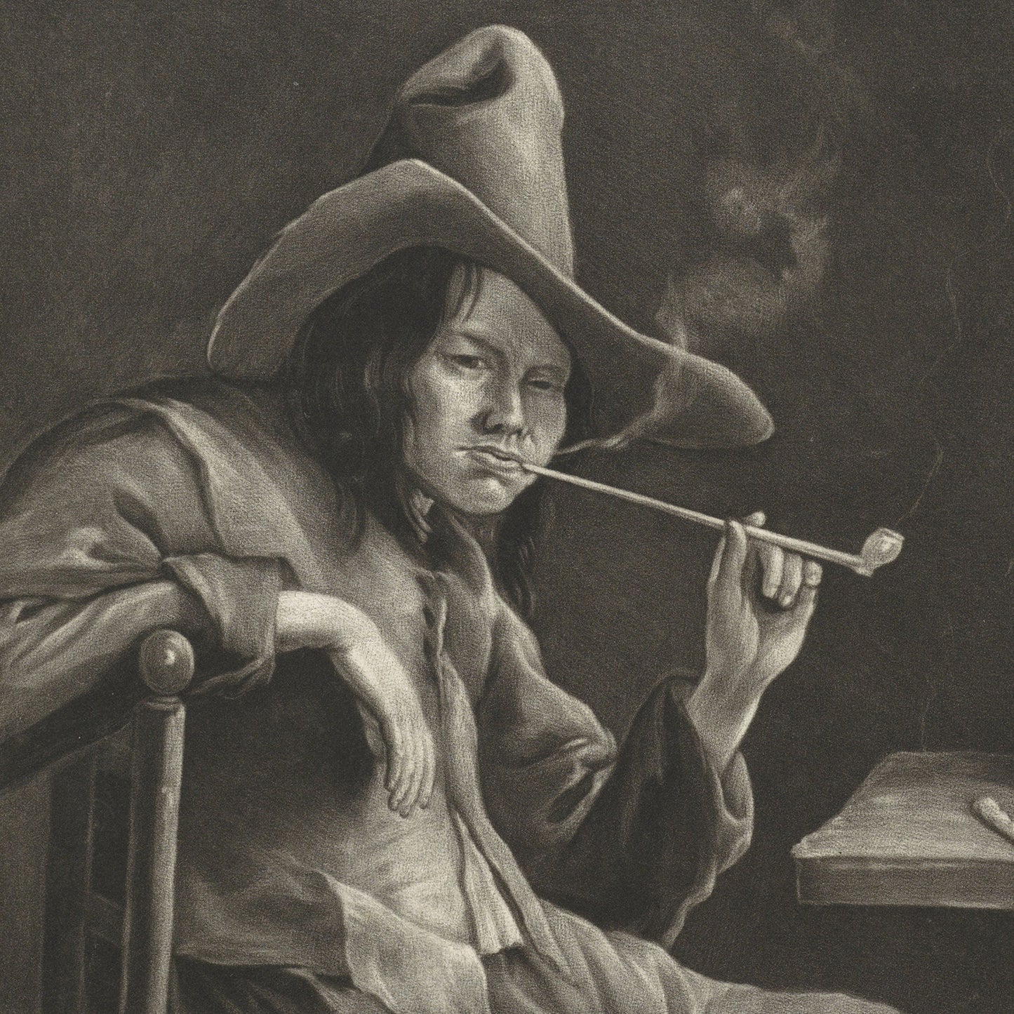 A person wearing a wide-brimmed hat and traditional clothing sits in a relaxed pose, holding a long smoking pipe. Smoke rises from the pipe, and the person gazes directly at the viewer with a calm expression. The scene, reminiscent of Jacob Gole’s 17th-century Europe artworks, is beautifully captured in "The Smell - Pipe Smoking Man" by Jacob Gole, rendered in a monochromatic, classical style.
