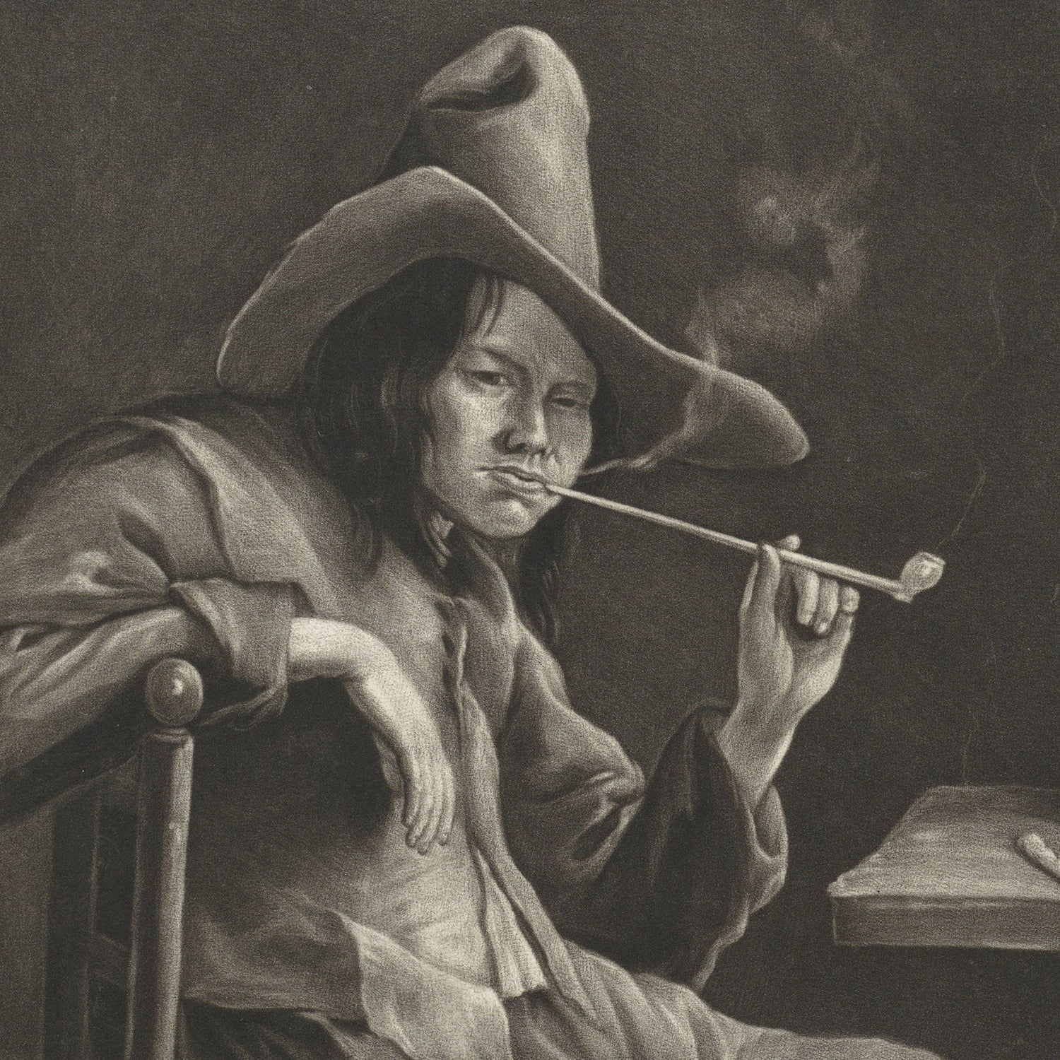 A person wearing a wide-brimmed hat and traditional clothing sits in a relaxed pose, holding a long smoking pipe. Smoke rises from the pipe, and the person gazes directly at the viewer with a calm expression. The scene, reminiscent of Jacob Gole’s 17th-century Europe artworks, is beautifully captured in "The Smell - Pipe Smoking Man" by Jacob Gole, rendered in a monochromatic, classical style.