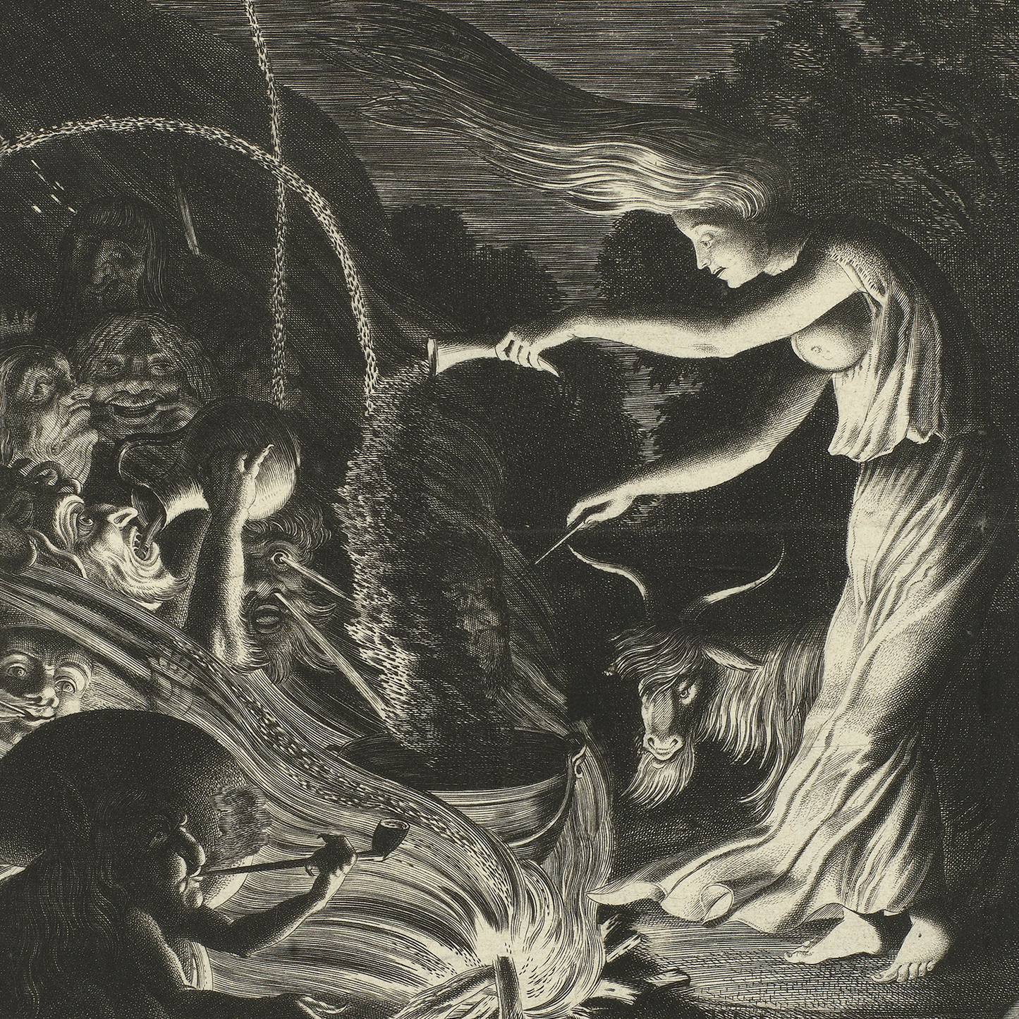 In "The Sorceress" by Jan van de Velde, a mystical black-and-white scene portrays a woman with flowing hair and a billowing dress wielding a wand as she pours liquid from a vessel into a cauldron. She is surrounded by various mythical beings, including a goat, in an eerie forest setting.