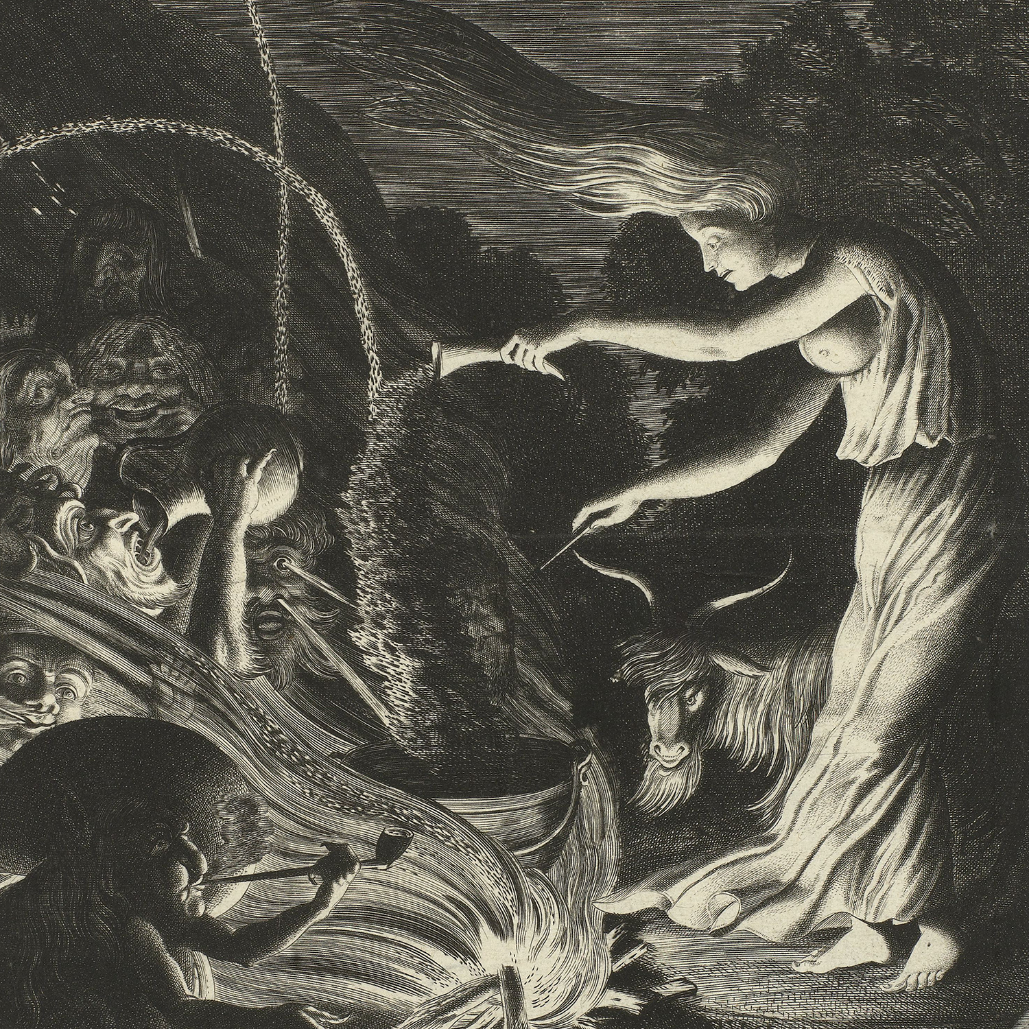 In "The Sorceress" by Jan van de Velde, a mystical black-and-white scene portrays a woman with flowing hair and a billowing dress wielding a wand as she pours liquid from a vessel into a cauldron. She is surrounded by various mythical beings, including a goat, in an eerie forest setting.