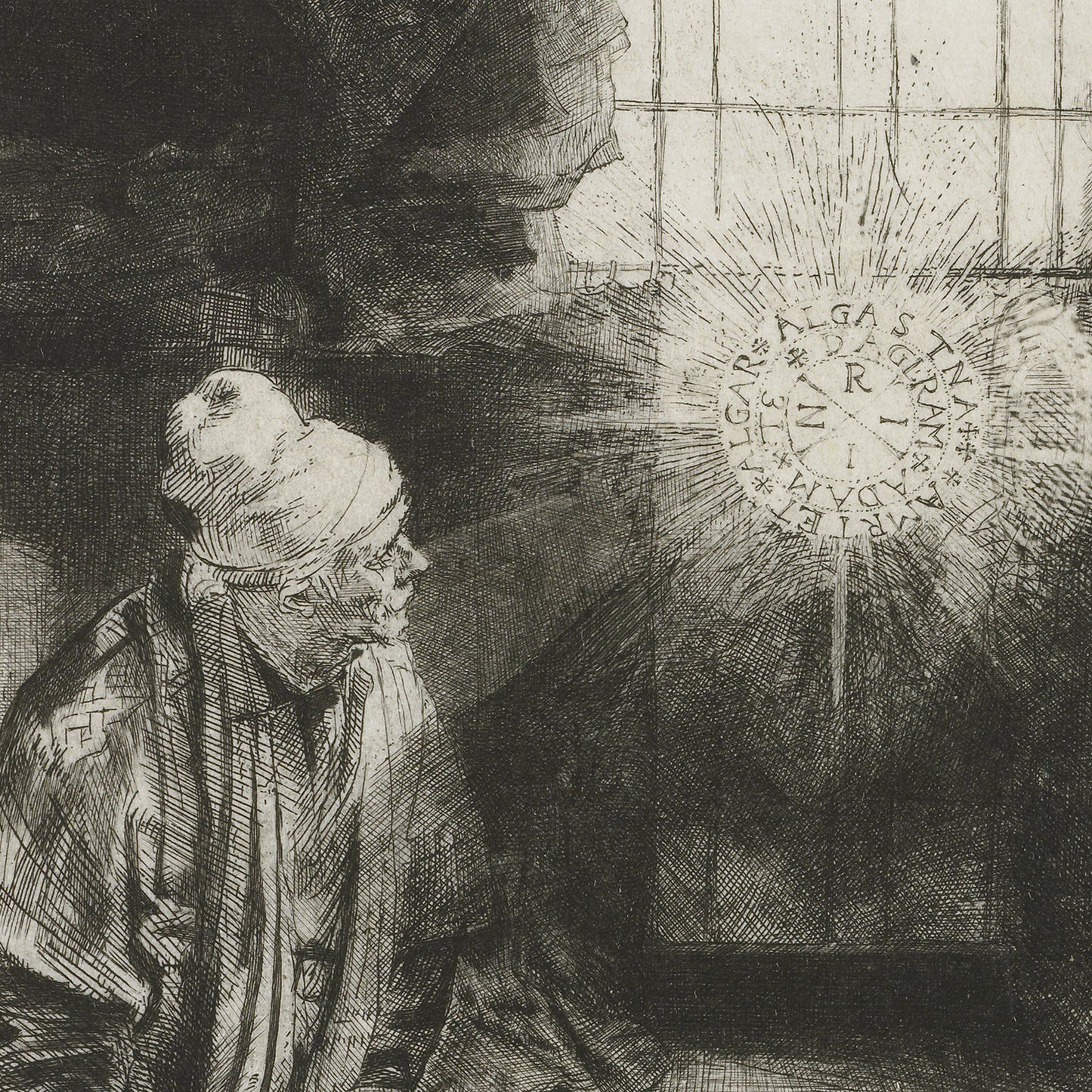 A monochrome etching titled "Faust by Rembrandt" depicts an elderly man in a turban, seated and facing a mystical circular symbol that radiates light. The man’s face and the intricate symbol, which includes the letters "INRY", are highlighted against the darker, textured background.