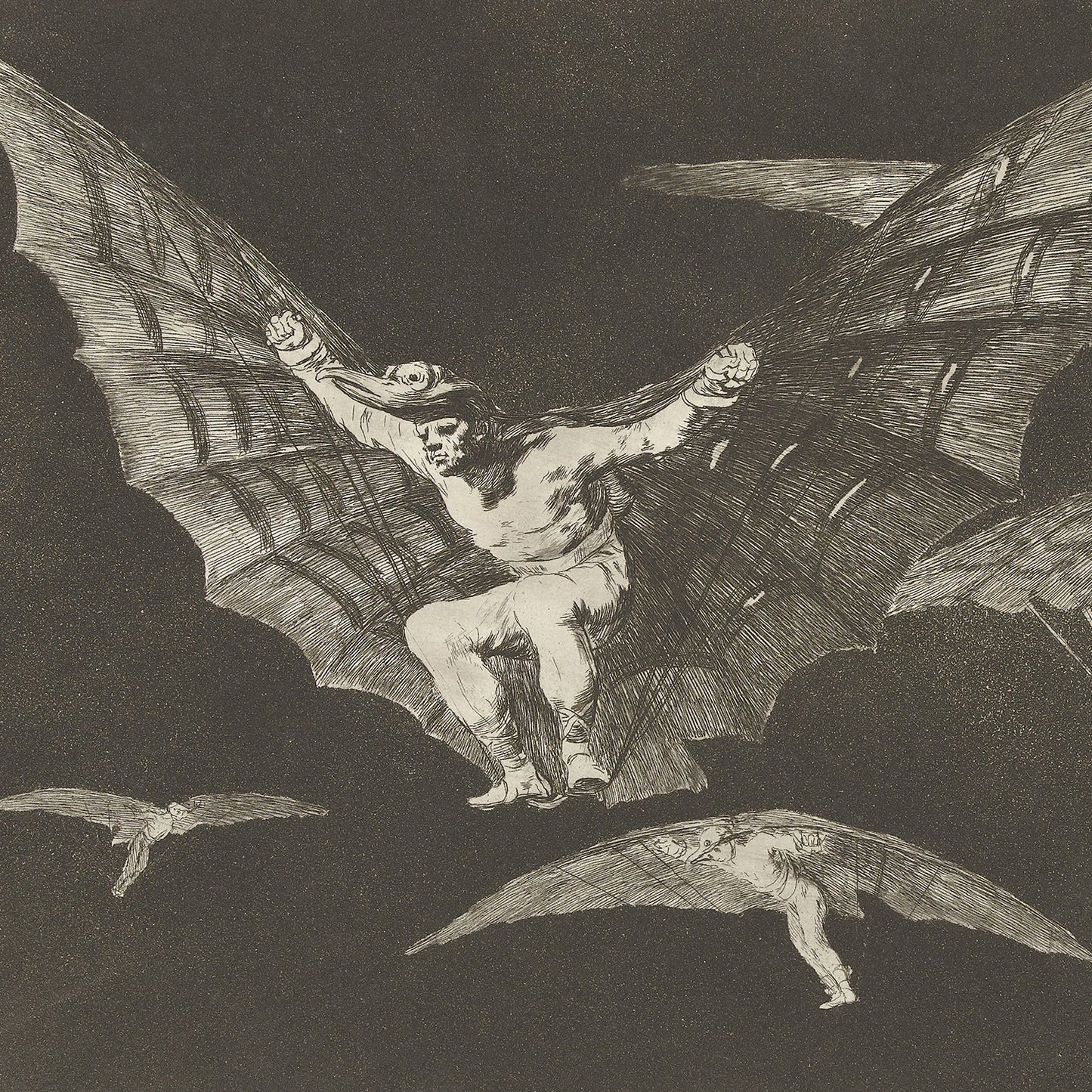 The illustration "A Way of Flying" by Francisco Goya depicts a dark and eerie scene featuring a humanoid figure with bat-like wings soaring through the sky. The figure appears to be in flight, surrounded by other similar winged beings in the background. Rendered in a monochromatic style, the drawing creates a haunting atmosphere.