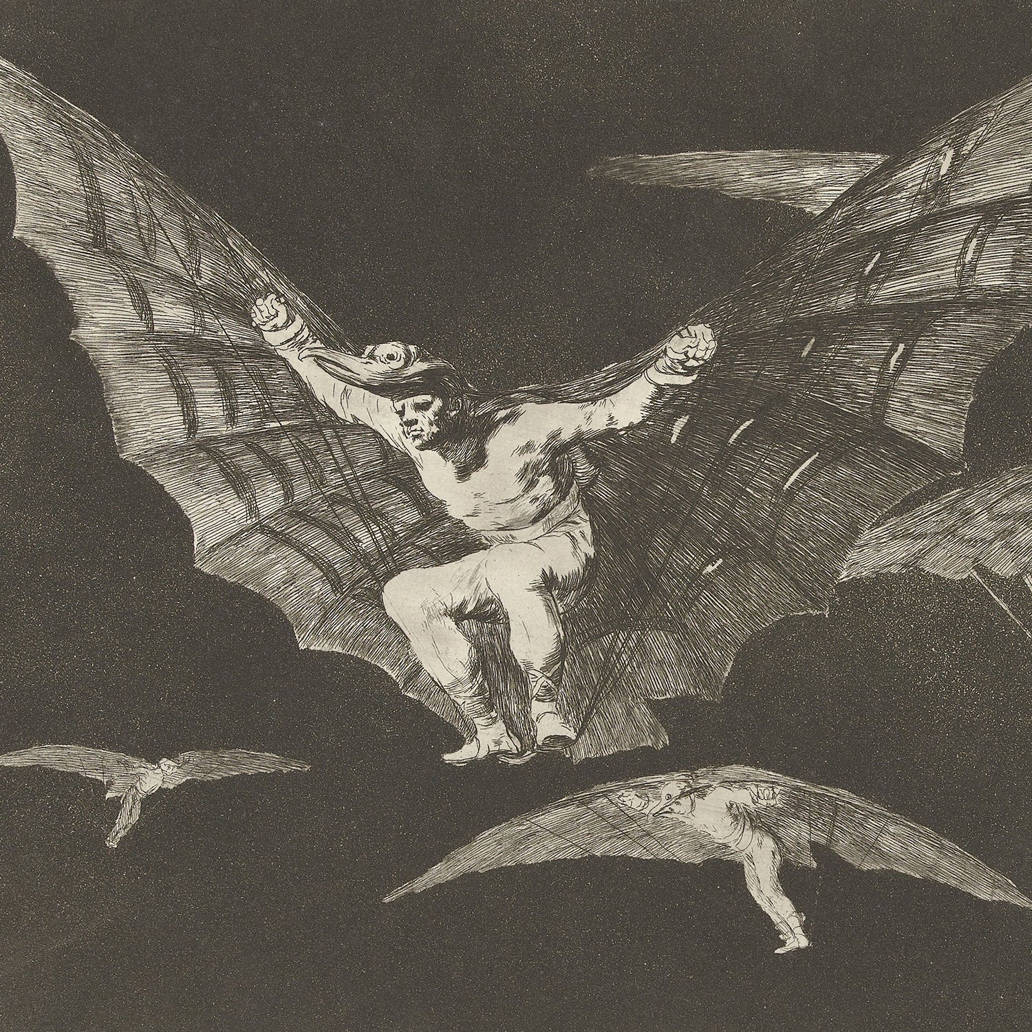 The illustration "A Way of Flying" by Francisco Goya depicts a dark and eerie scene featuring a humanoid figure with bat-like wings soaring through the sky. The figure appears to be in flight, surrounded by other similar winged beings in the background. Rendered in a monochromatic style, the drawing creates a haunting atmosphere.