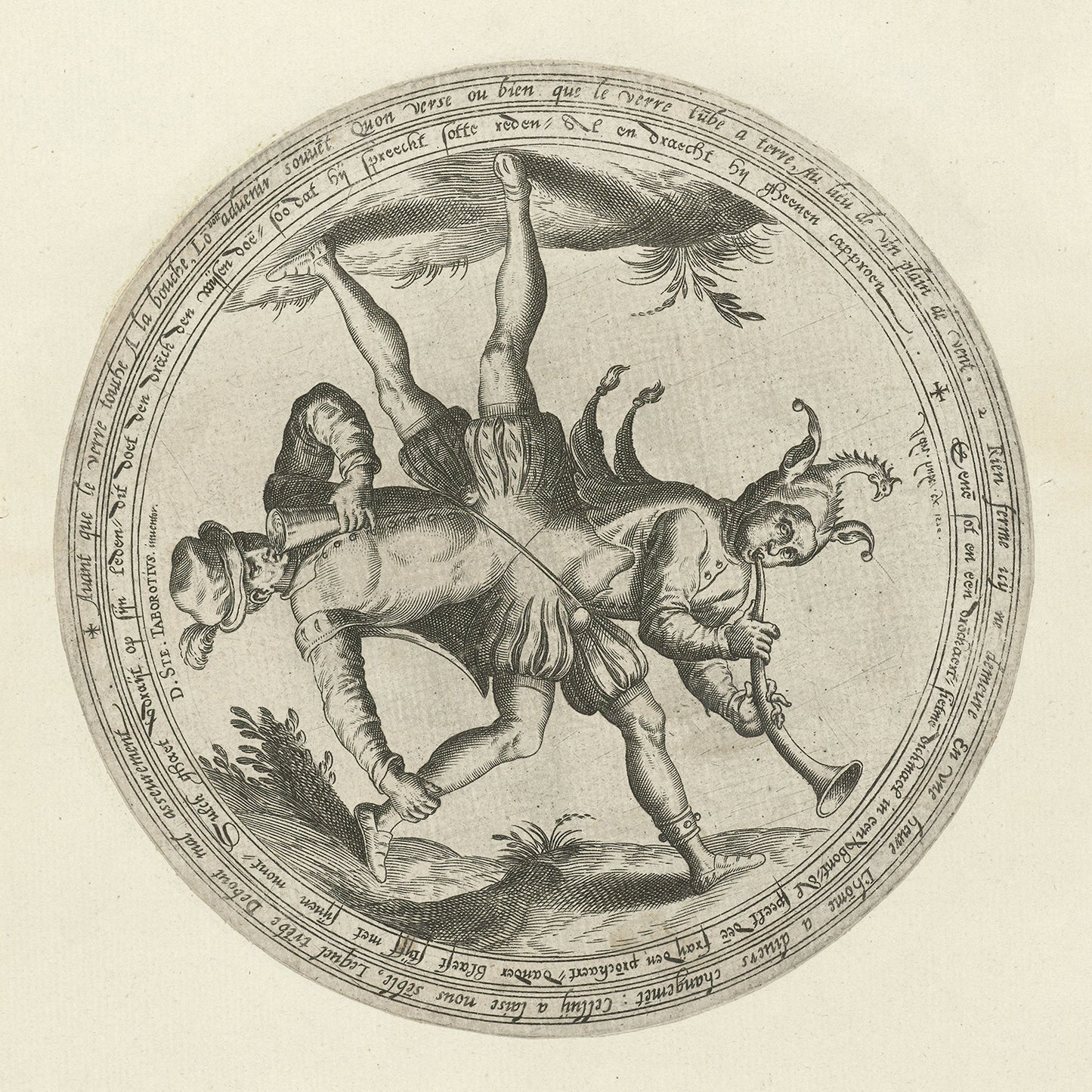 The artwork titled "Allegory of the Folly and Drunkenness: Two Figures in a Circle" by D. Ste Taborotius features an intricate, circular illustration of two jesters, one standing on the other's shoulders, both playing musical instruments. The jester on top holds a trumpet while balancing above the other jester, who is positioned on his hands. Surrounding text encircles this captivating image.