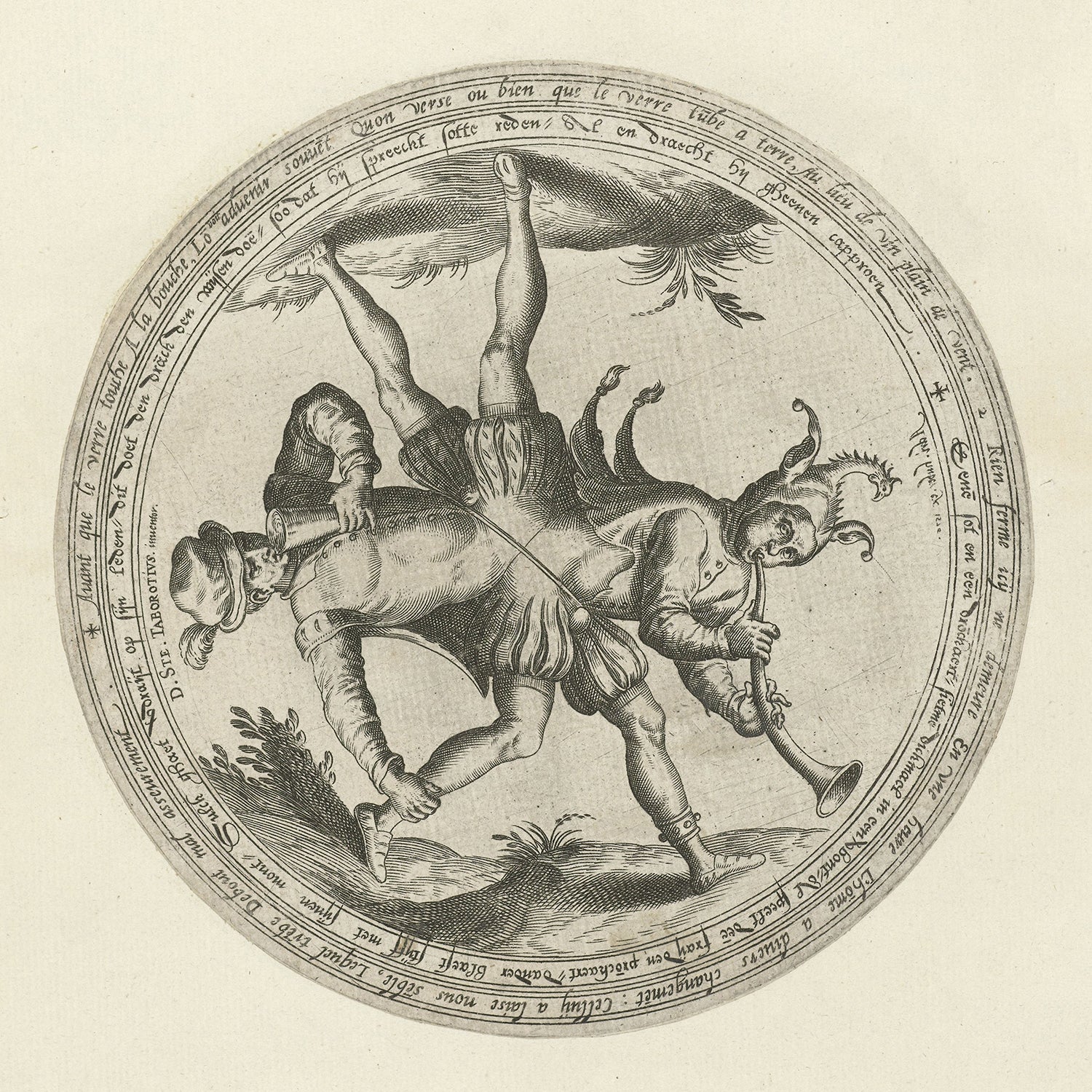 The artwork titled "Allegory of the Folly and Drunkenness: Two Figures in a Circle" by D. Ste Taborotius features an intricate, circular illustration of two jesters, one standing on the other's shoulders, both playing musical instruments. The jester on top holds a trumpet while balancing above the other jester, who is positioned on his hands. Surrounding text encircles this captivating image.