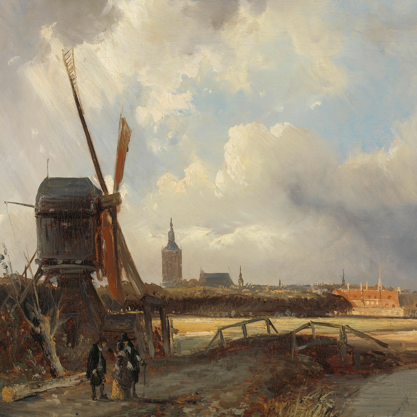 The View of The Hague by Cornelis Springer Print captures a large windmill on the left under a partly cloudy sky with sunlight breaking through. In the foreground, two figures stroll along a pathway. In the distance, you can see a town with church spires and traditional Dutch architecture, characteristic of Cornelis Springer's style.