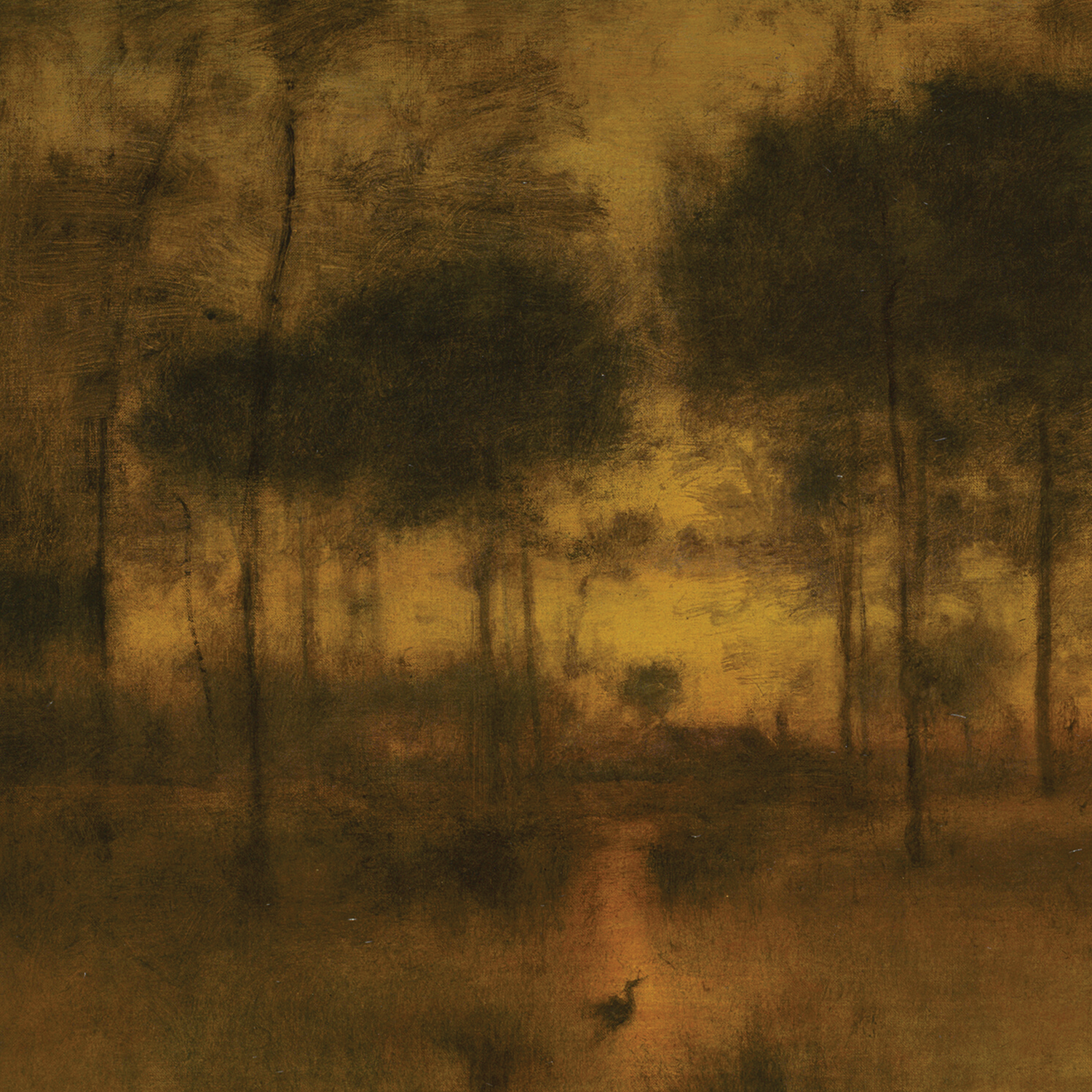 The Home of the Heron by George Inness Print captures a serene autumnal forest at dusk. Tall, shadowy trees with soft-focus leaves frame a glowing sunset, casting a golden hue over the scene. A small, indistinct figure stands near a path that winds through the tranquil setting, making it a perfect piece of wall art for any space.